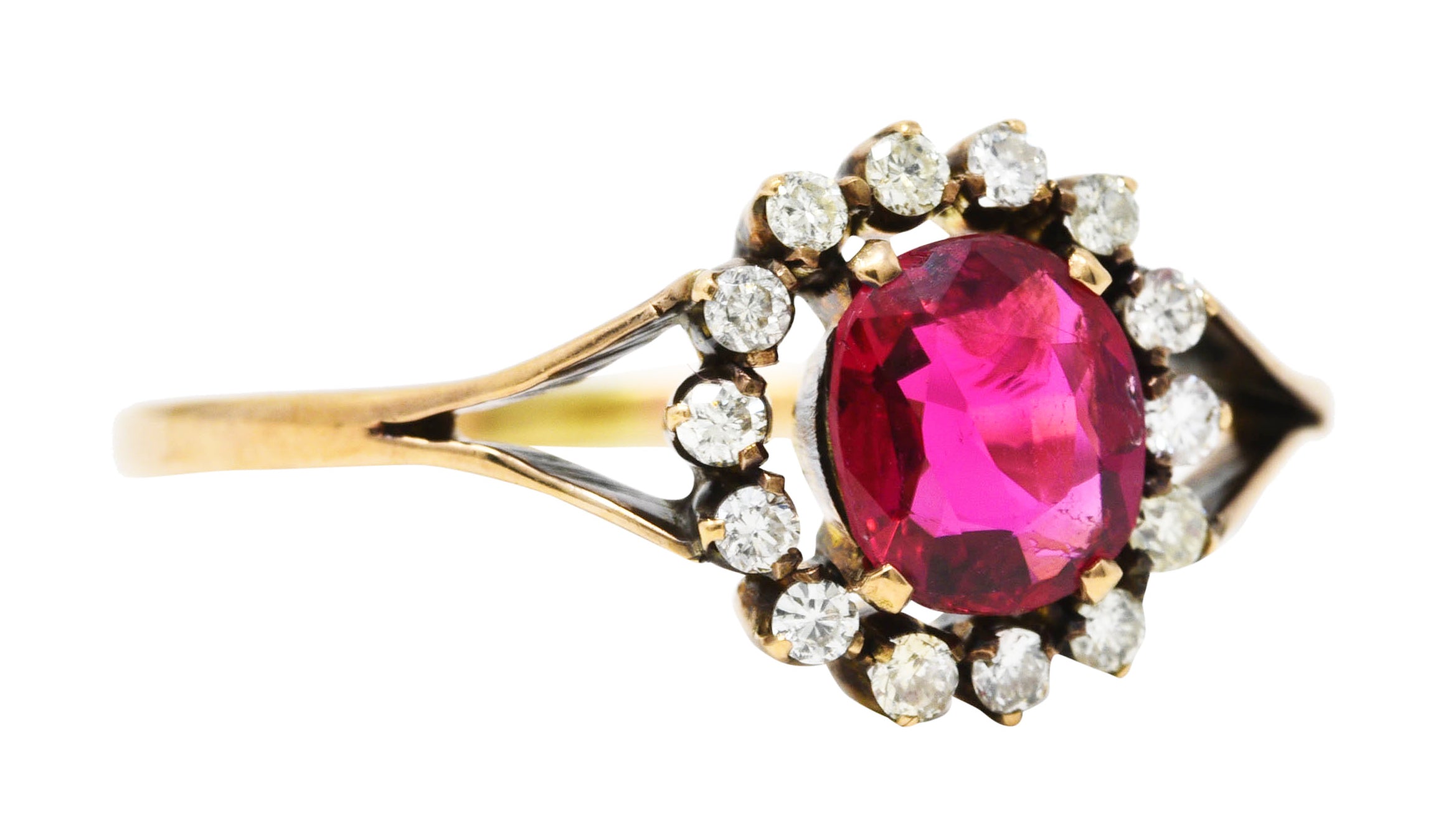 Victorian Red Spinel Diamond 14 Karat Yellow Gold Antique Cluster Ring Wilson's Estate Jewelry