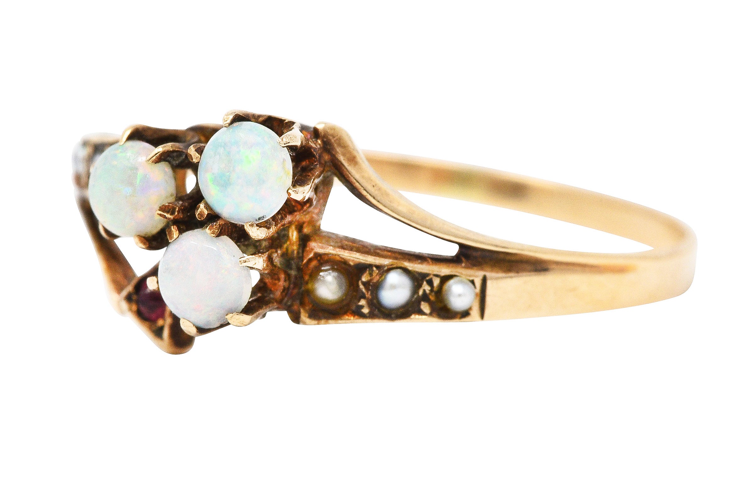 1890's Victorian Opal Ruby Seed Pearl 14 Karat Rose Gold Clover RingRing - Wilson's Estate Jewelry