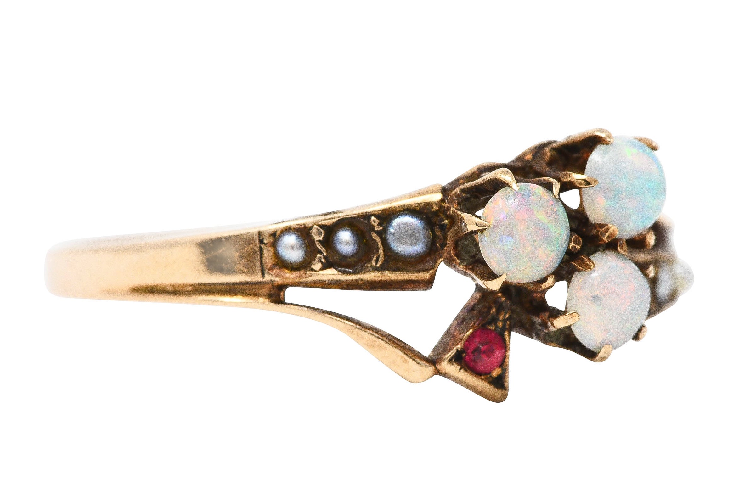 1890's Victorian Opal Ruby Seed Pearl 14 Karat Rose Gold Clover RingRing - Wilson's Estate Jewelry