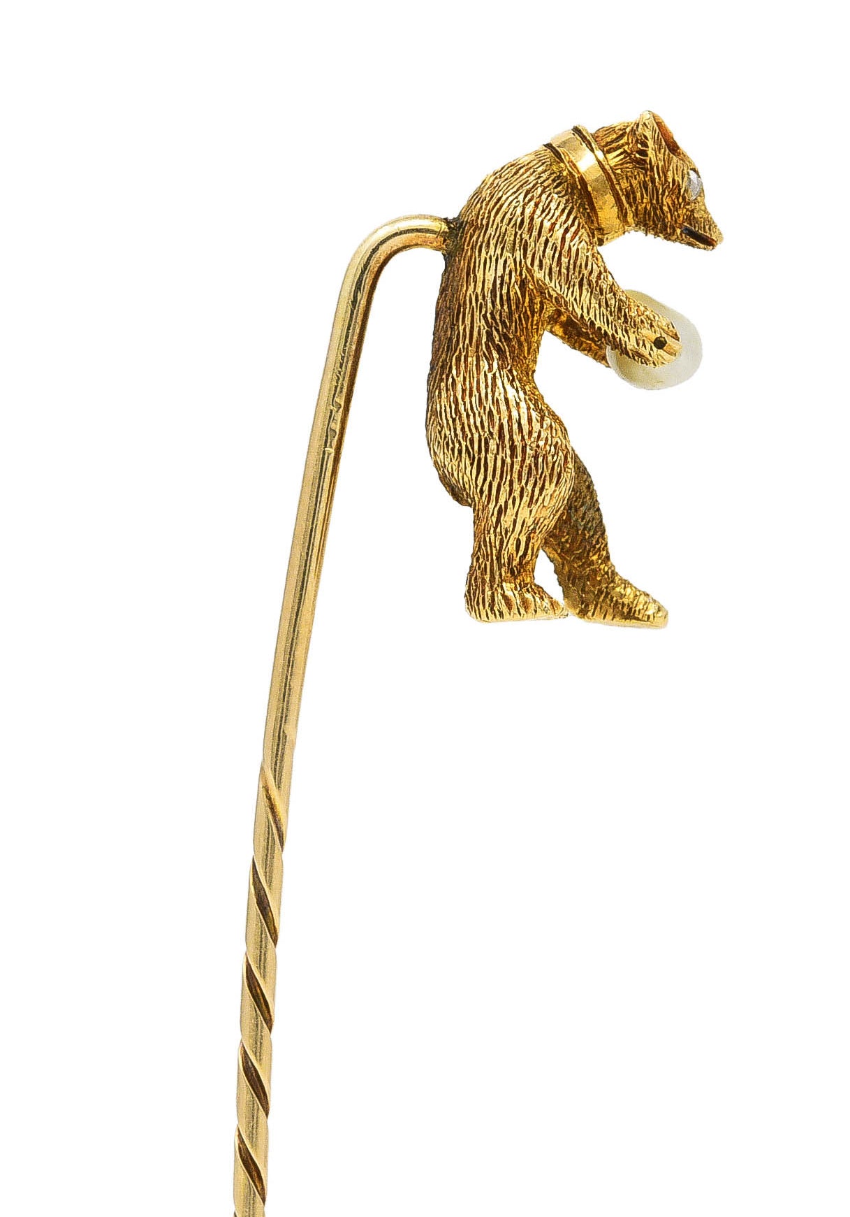 Victorian Diamond Rotating Baroque Pearl 14 Karat Yellow Gold Circus Bear Antique Stickpin Wilson's Estate Jewelry