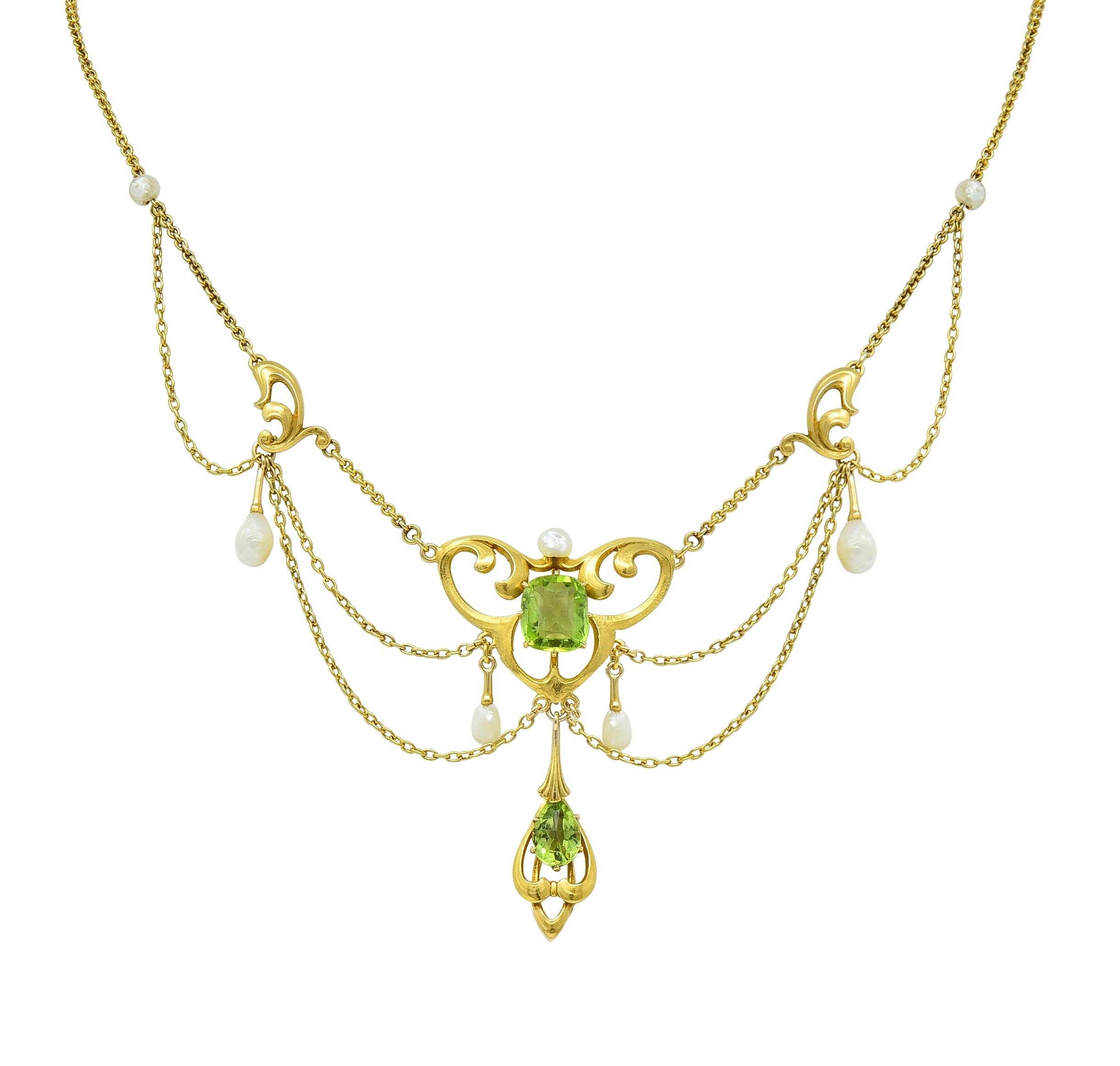 Art Nouveau Peridot Pearl 14 Karat Yellow Gold Festoon Antique Drop Necklace