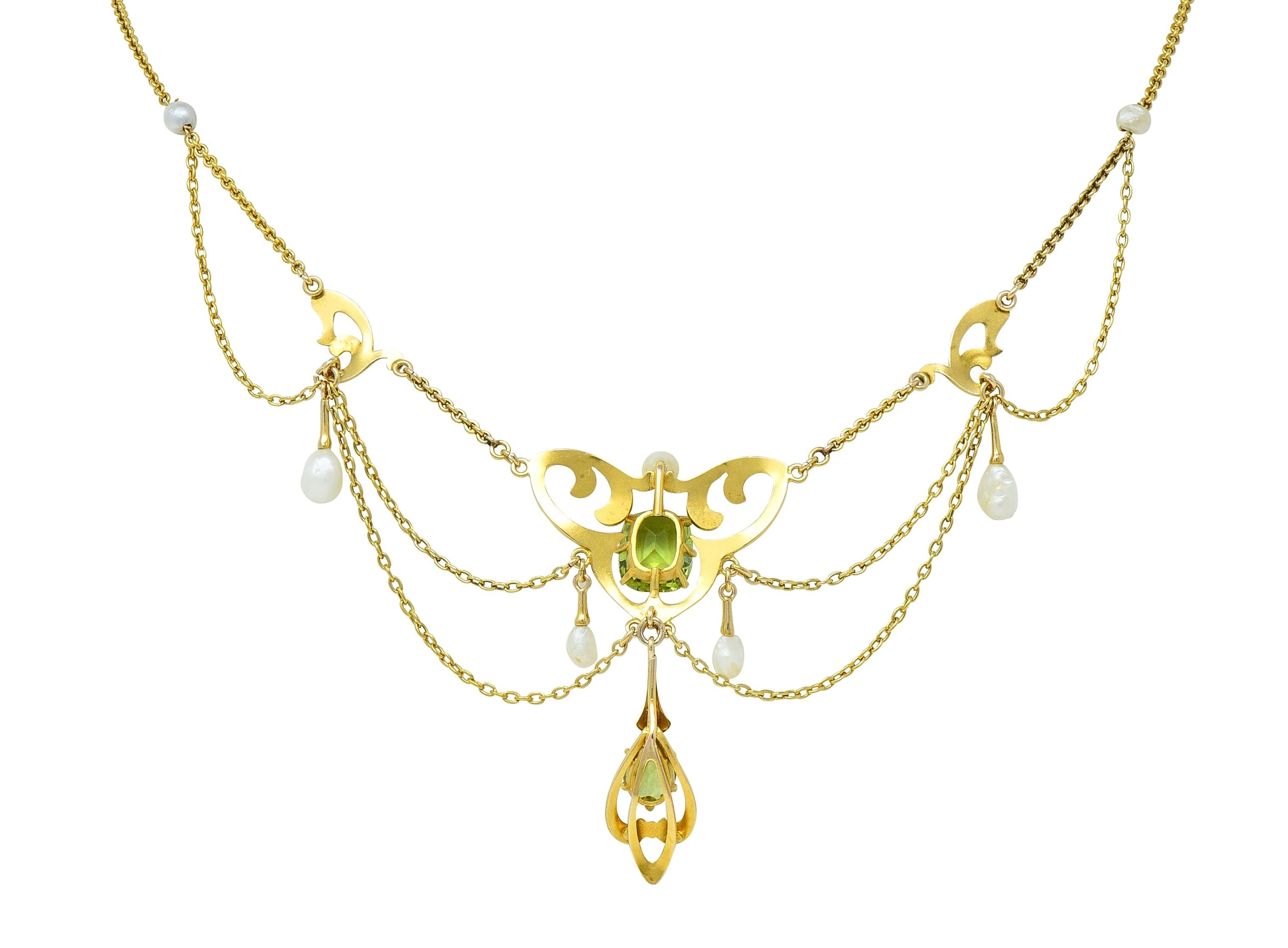 Art Nouveau Peridot Pearl 14 Karat Yellow Gold Festoon Antique Drop Necklace