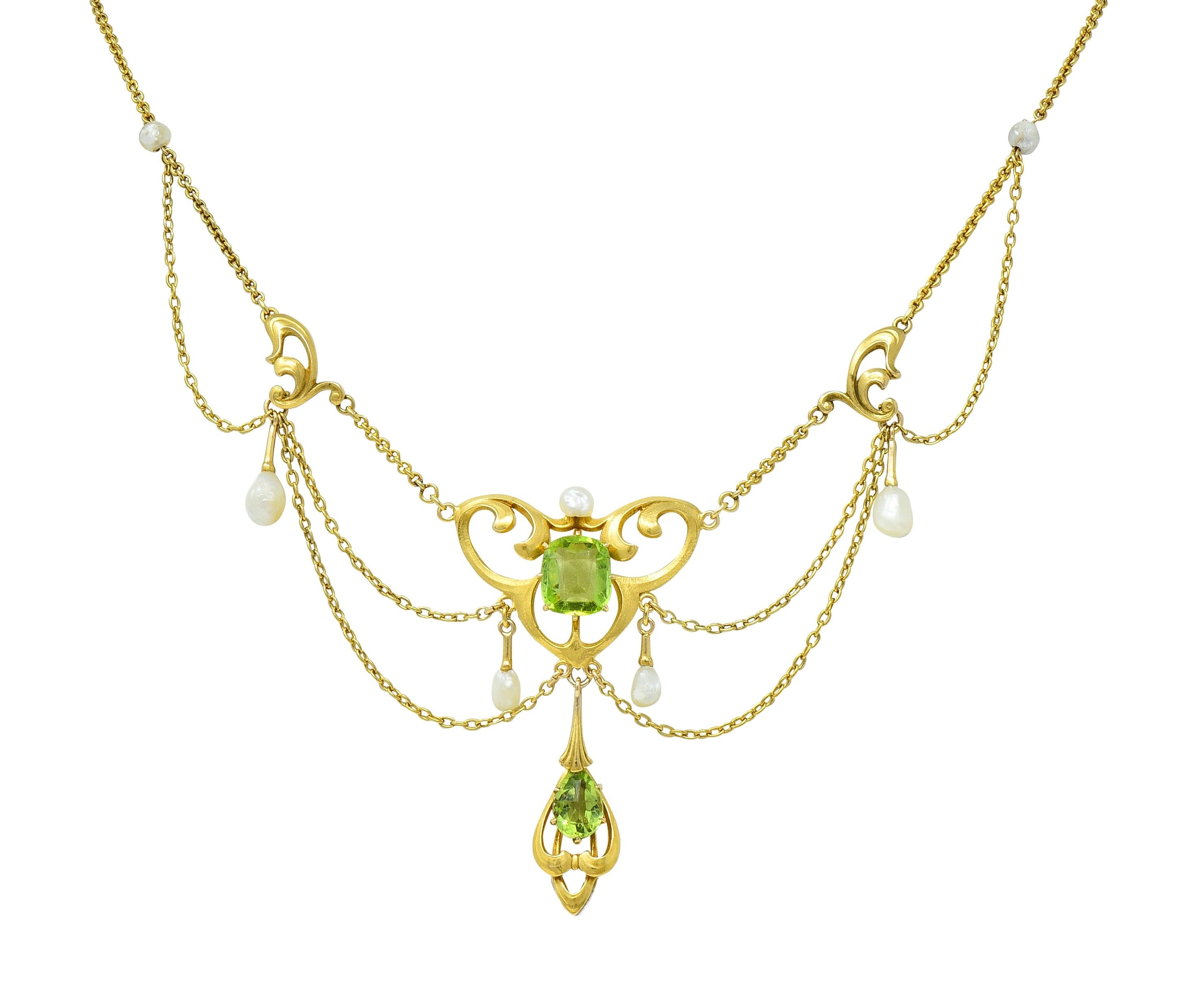 Art Nouveau Peridot Pearl 14 Karat Yellow Gold Festoon Antique Drop Necklace