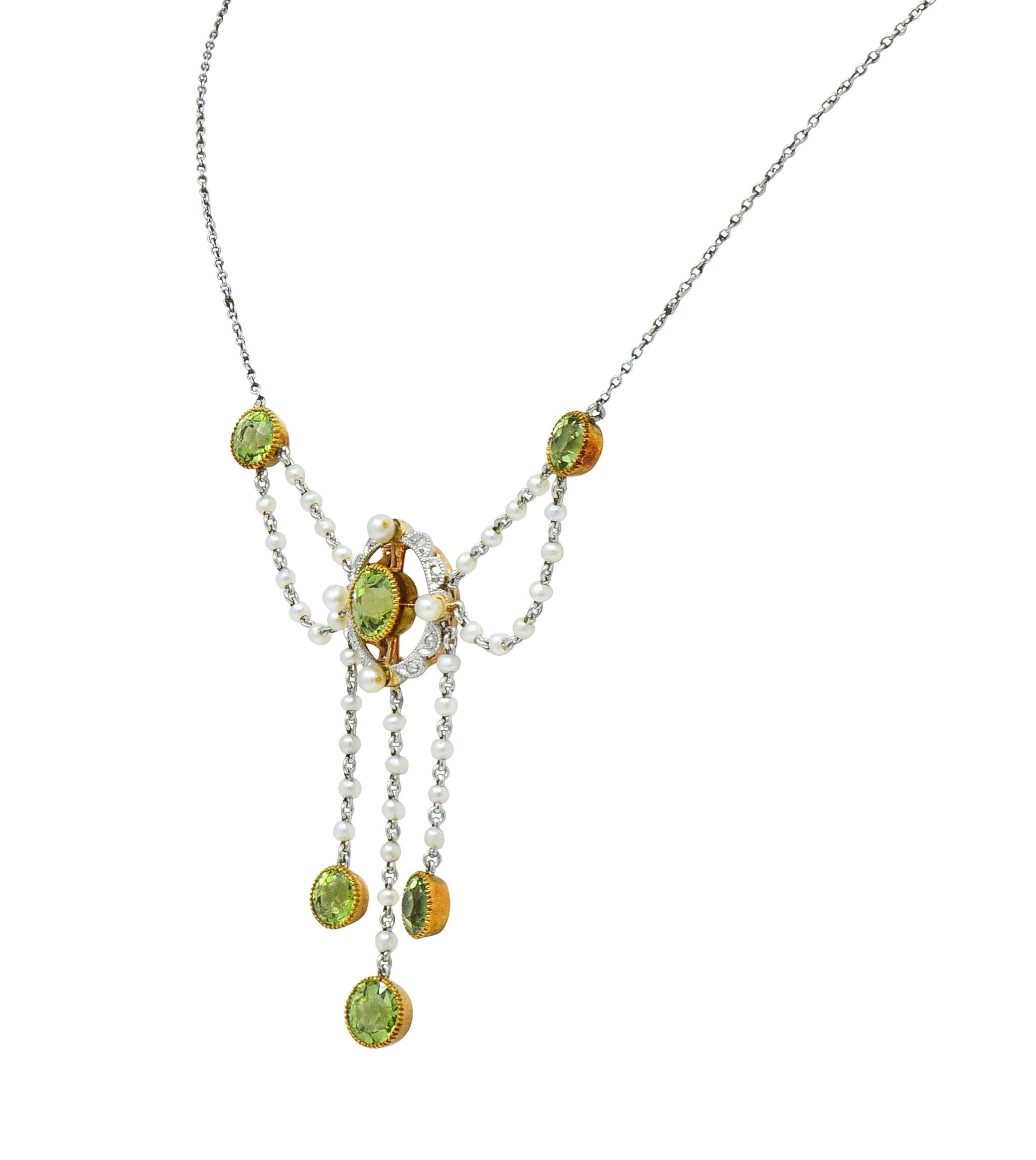 Edwardian Diamond Peridot Pearl Platinum 14 Karat Gold Swagged Fringe Necklace