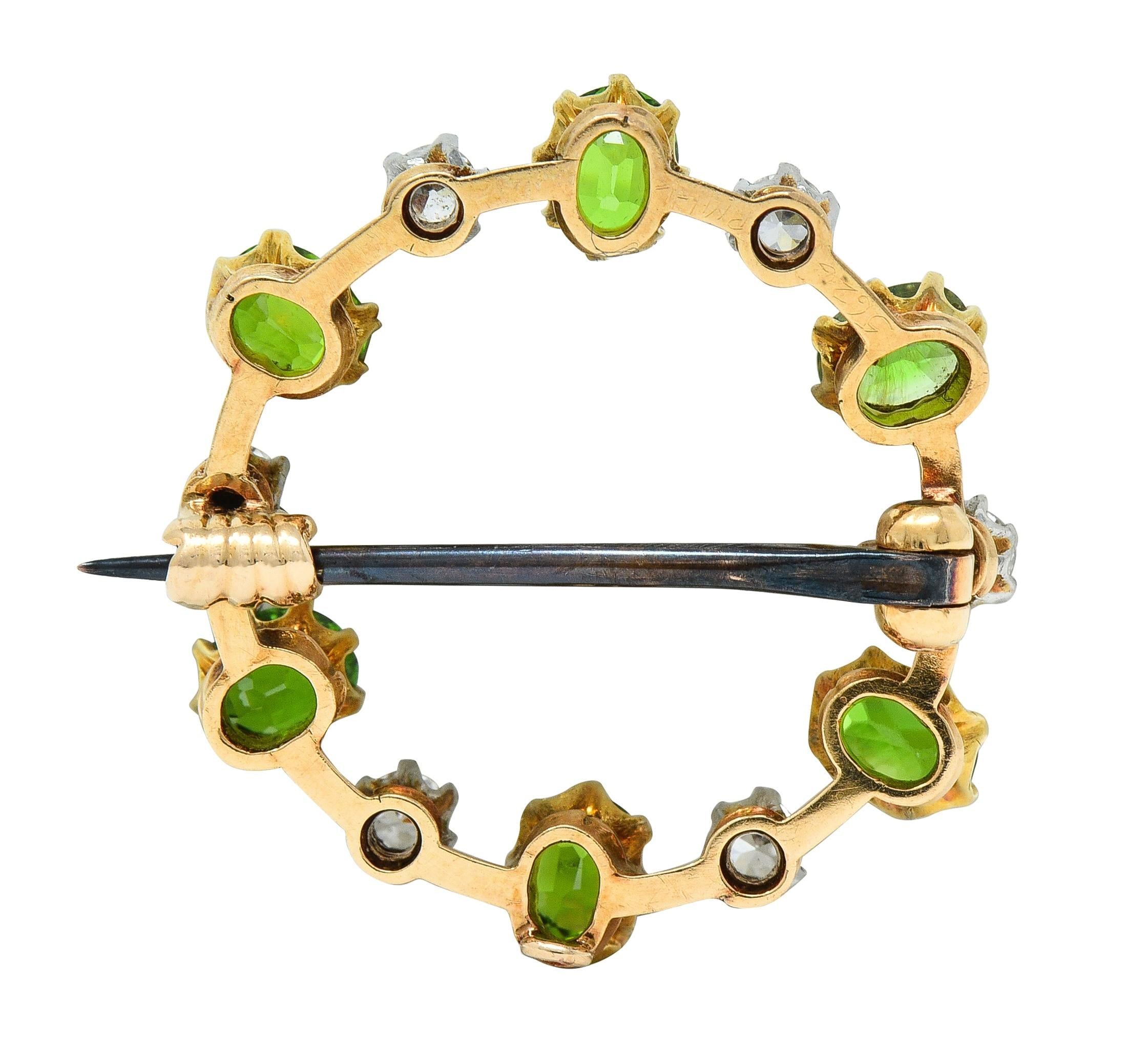 Edwardian 1.80 CTW Diamond Demantoid Garnet Platinum 14 Karat Gold Circle Brooch