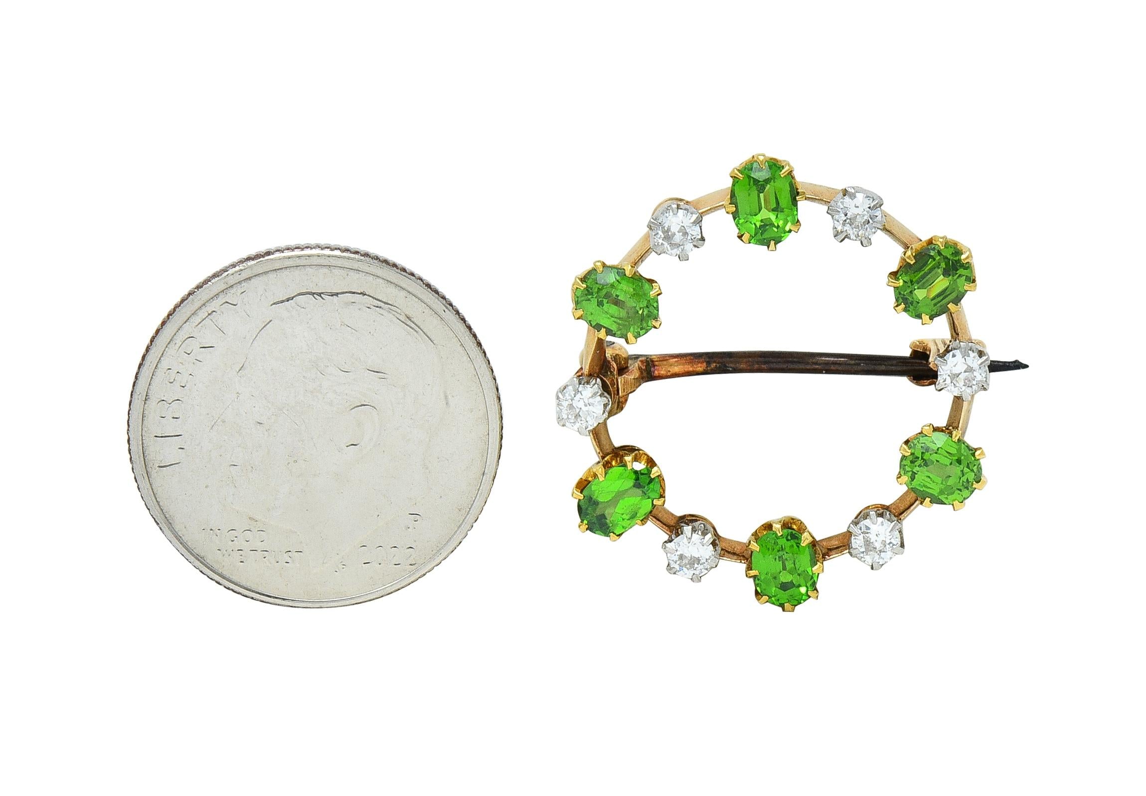 Edwardian 1.80 CTW Diamond Demantoid Garnet Platinum 14 Karat Gold Circle Brooch