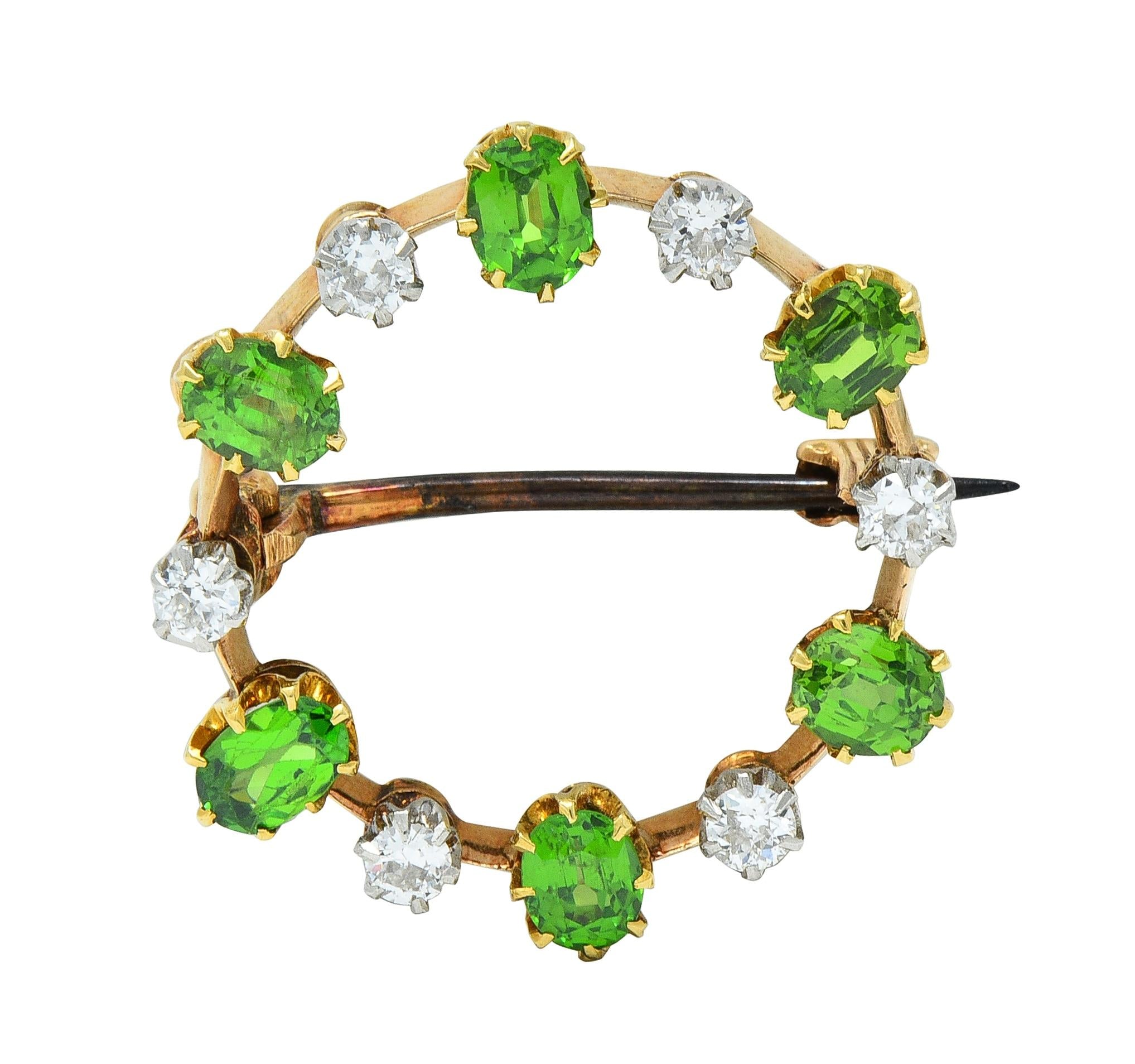 Edwardian 1.80 CTW Diamond Demantoid Garnet Platinum 14 Karat Gold Circle Brooch