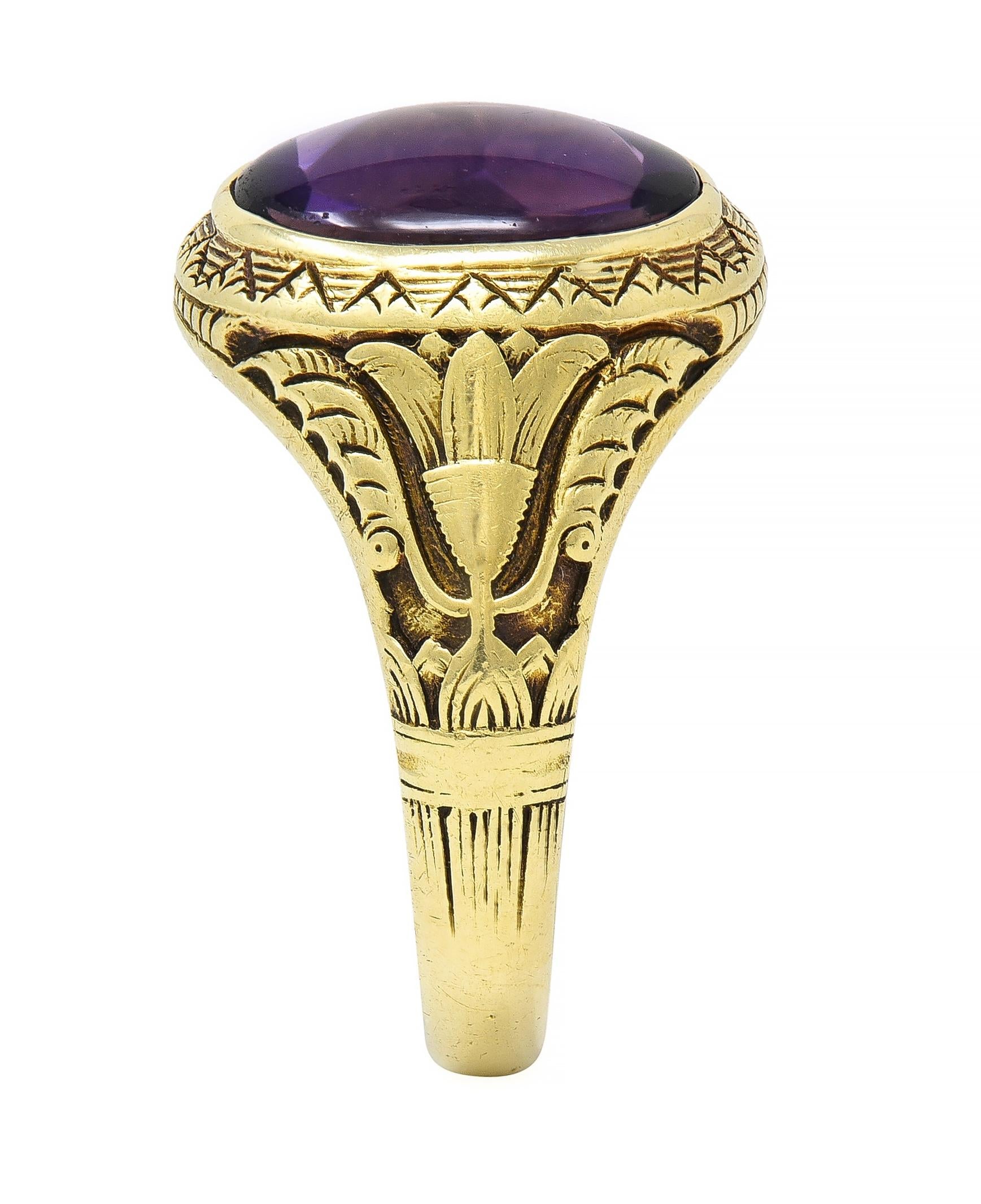 Jones & Woodland Art Nouveau Egyptian Revival Amethyst 14 Karat Gold Lotus Ring