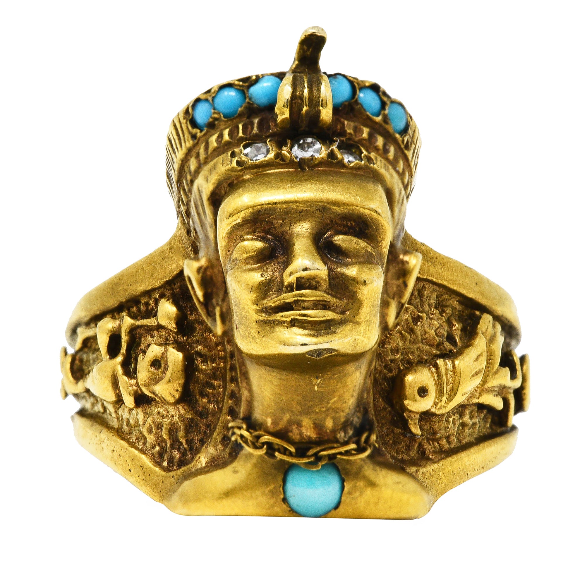 Vintage Egyptian Revival Diamond Turquoise 14 Karat Gold Nefertiti Hieroglyph Unisex Ring Wilson's Estate Jewelry