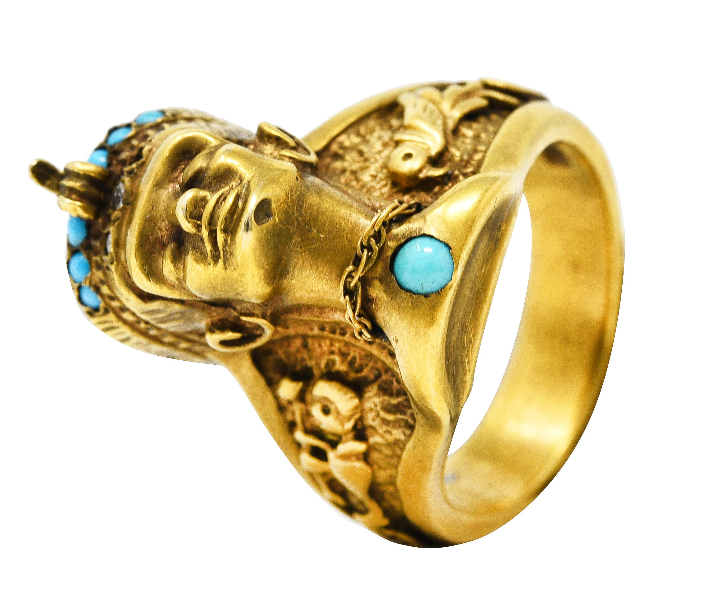 Vintage Egyptian Revival Diamond Turquoise 14 Karat Gold Nefertiti Hieroglyph Unisex Ring Wilson's Estate Jewelry