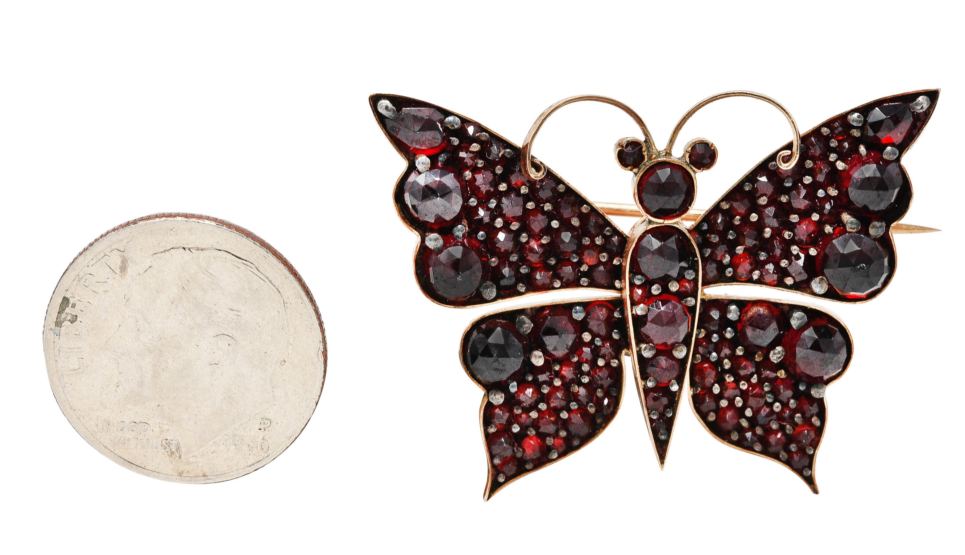 Victorian Bohemian Garnet 14 Karat Yellow Gold Antique Butterfly Brooch Wilson's Estate Jewelry