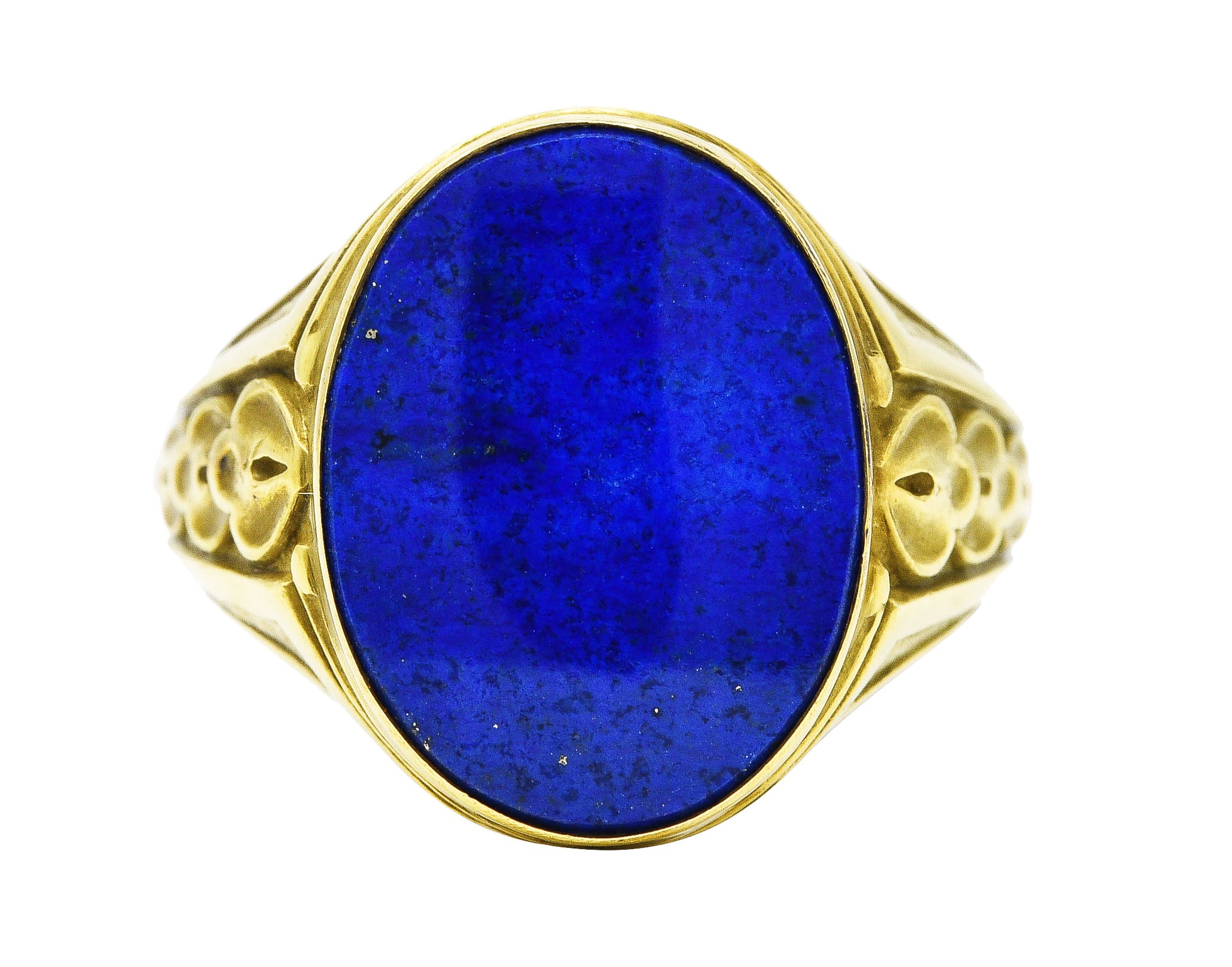 Art Deco Lapis Lazuli 14 Karat Green Gold Unisex Foliate Signet Ring Wilson's Estate Jewelry