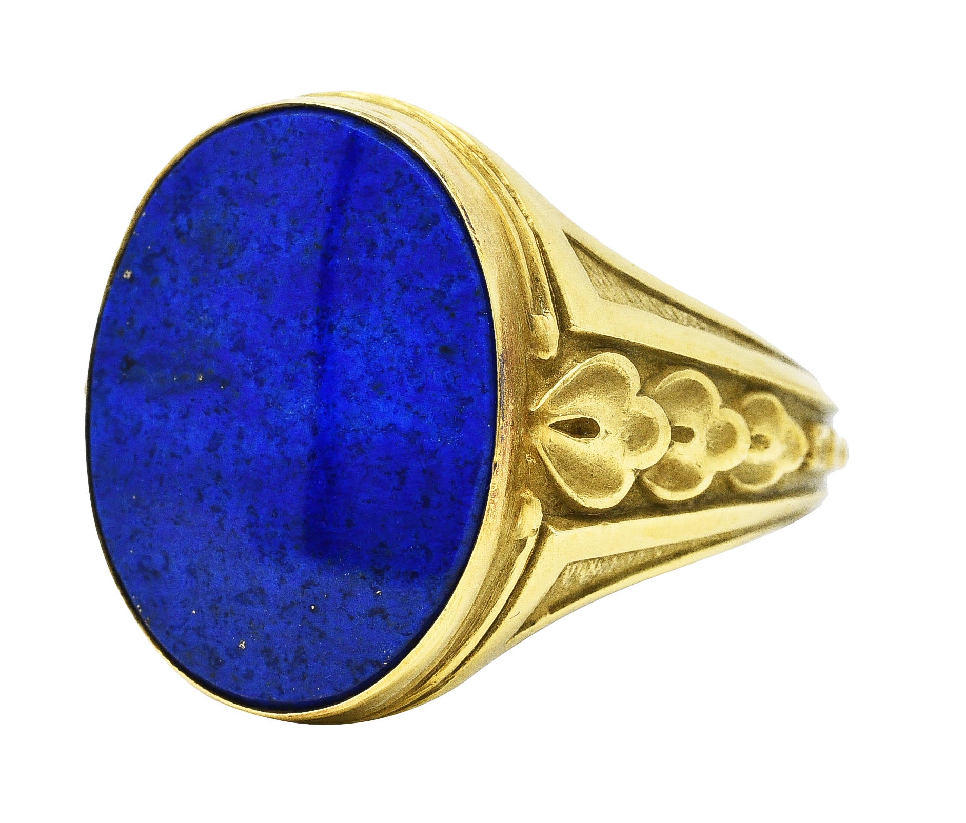 Art Deco Lapis Lazuli 14 Karat Green Gold Unisex Foliate Signet Ring Wilson's Estate Jewelry