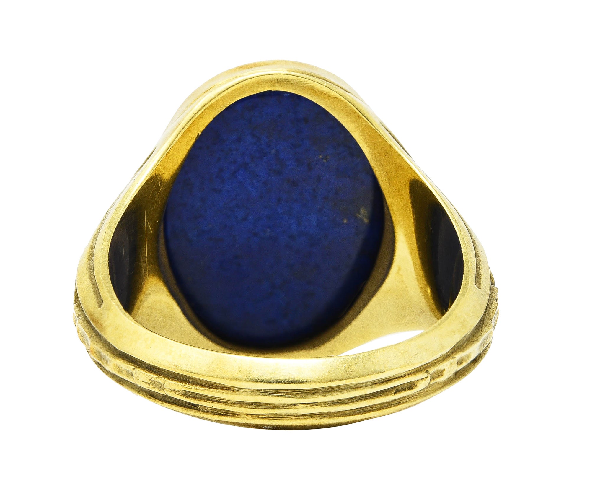 Art Deco Lapis Lazuli 14 Karat Green Gold Unisex Foliate Signet Ring Wilson's Estate Jewelry