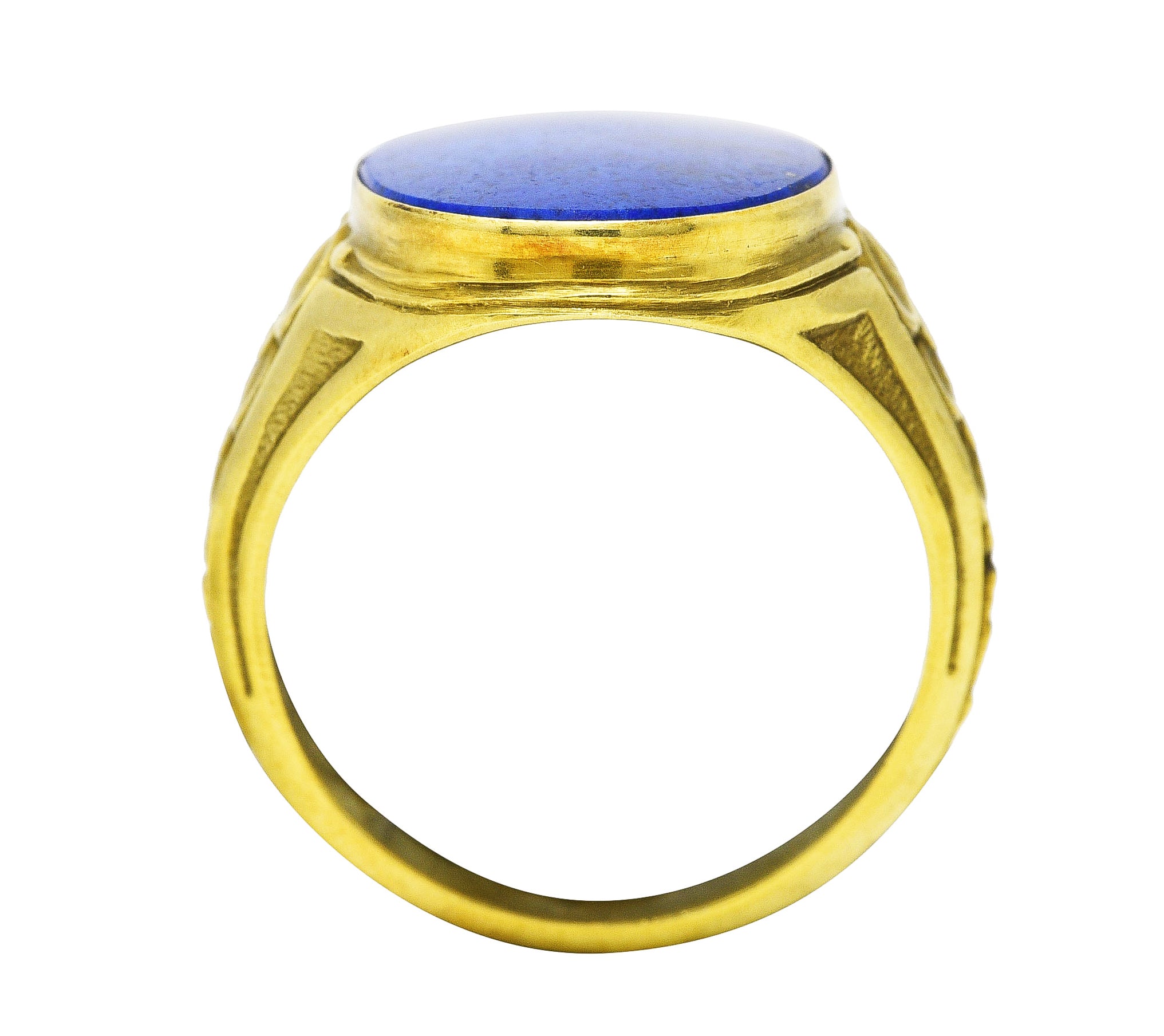 Art Deco Lapis Lazuli 14 Karat Green Gold Unisex Foliate Signet Ring Wilson's Estate Jewelry