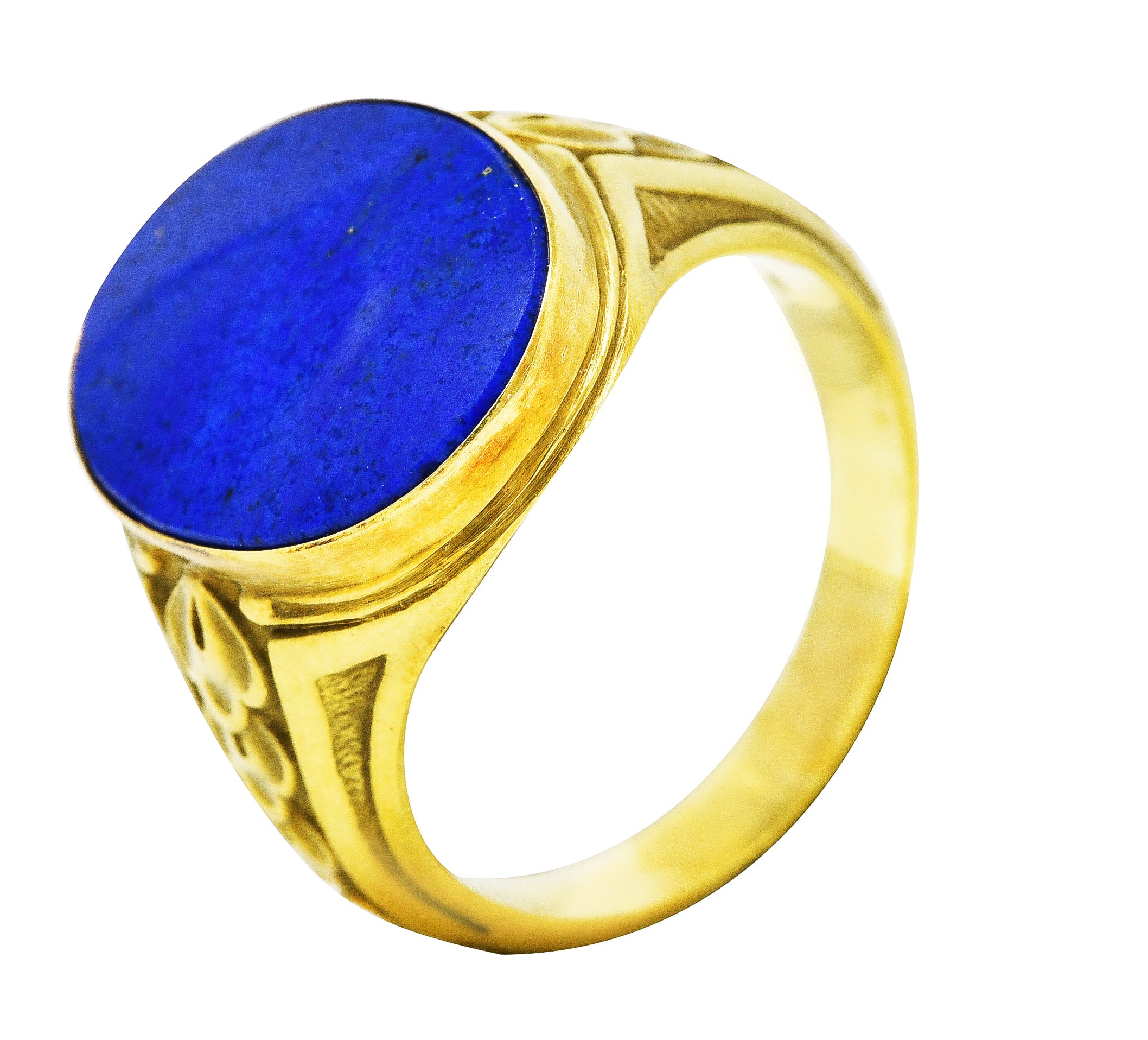 Art Deco Lapis Lazuli 14 Karat Green Gold Unisex Foliate Signet Ring Wilson's Estate Jewelry