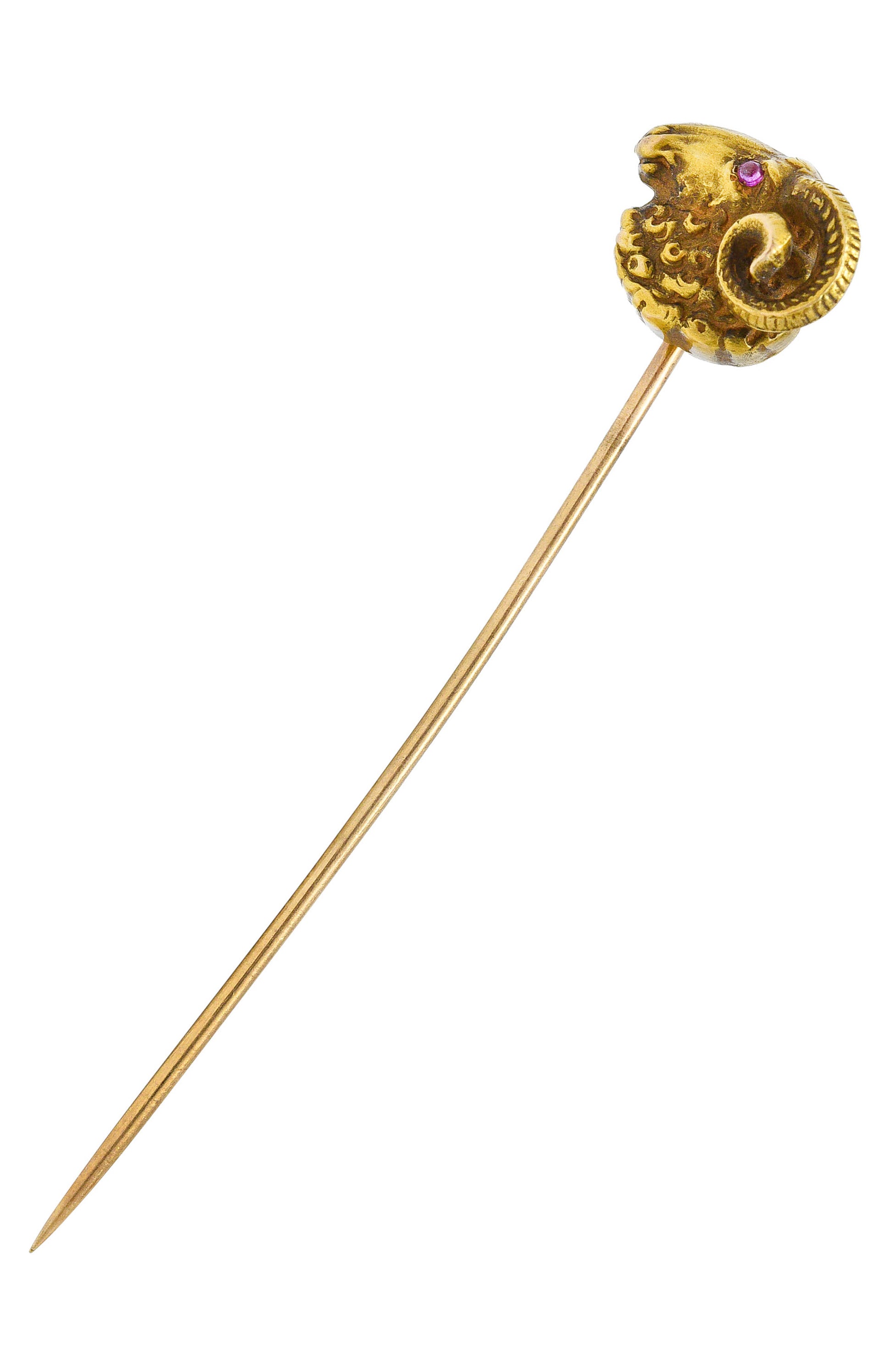 Riker Brothers Ruby 14 Karat Gold Ram Stickpin Aries ZodiacStick Pin - Wilson's Estate Jewelry