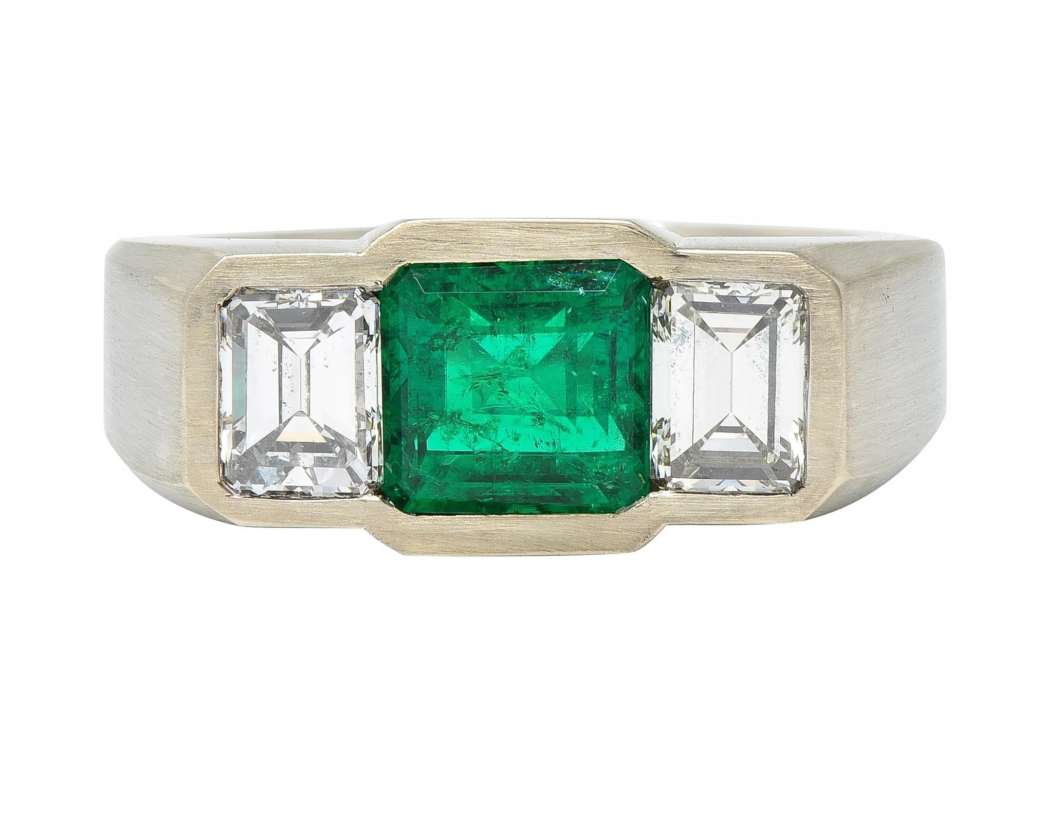 3.79 CTW Colombian Emerald Diamond 14 Karat White Gold Men's Unisex Ring GIA