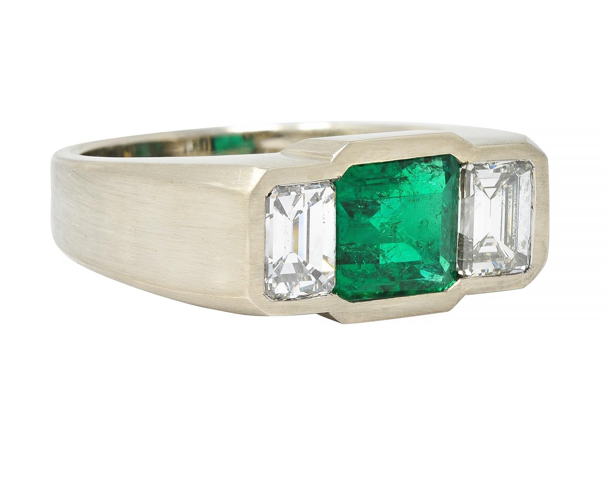 3.79 CTW Colombian Emerald Diamond 14 Karat White Gold Men's Unisex Ring GIA