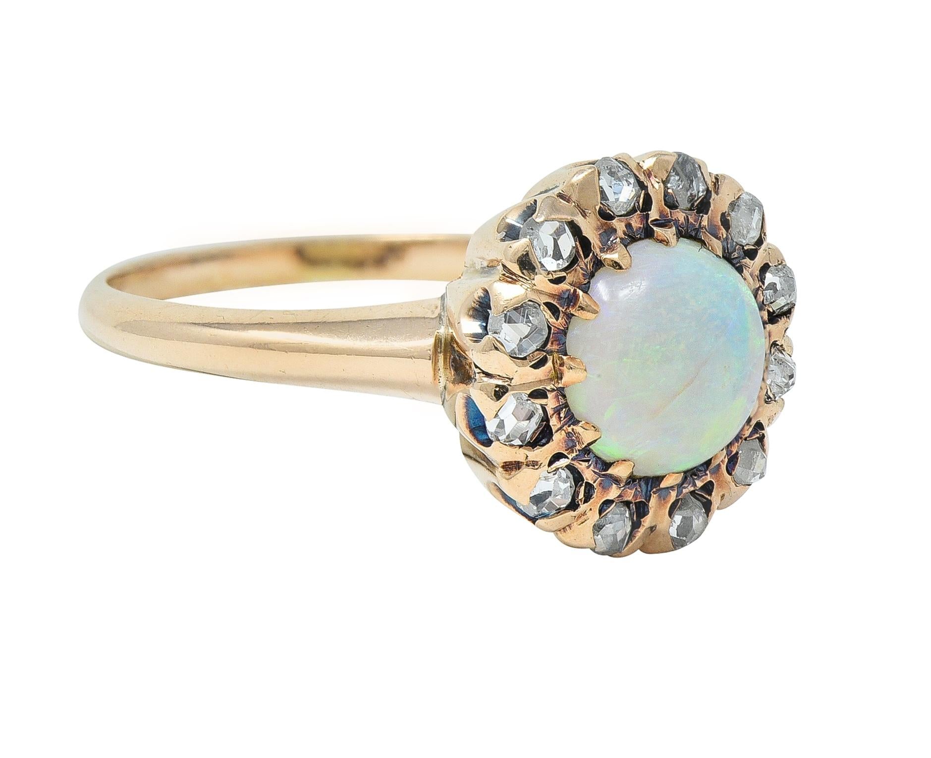 Victorian Opal Cabochon Diamond 14 Karat Yellow Gold Antique Halo Ring