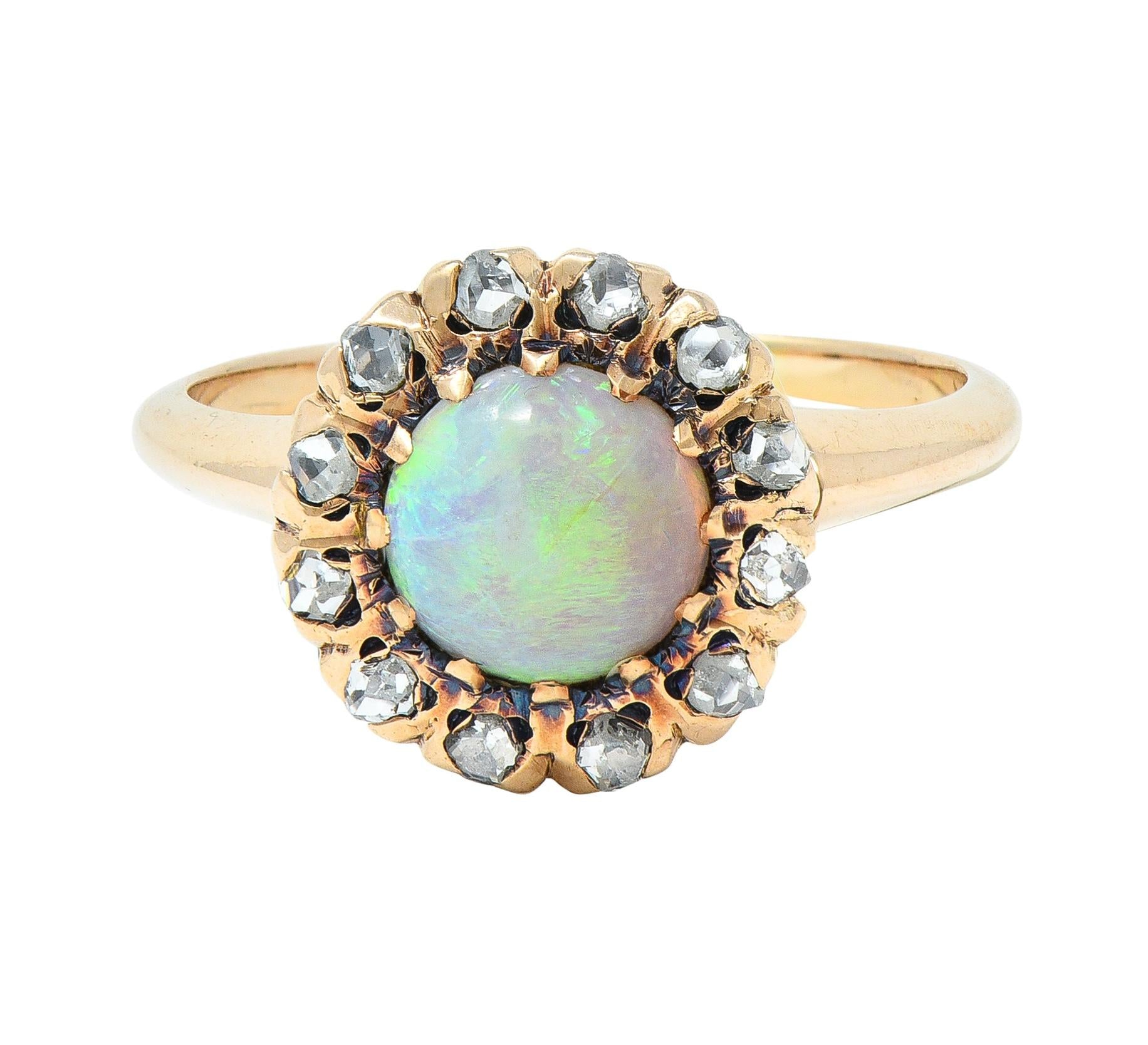 Victorian Opal Cabochon Diamond 14 Karat Yellow Gold Antique Halo Ring