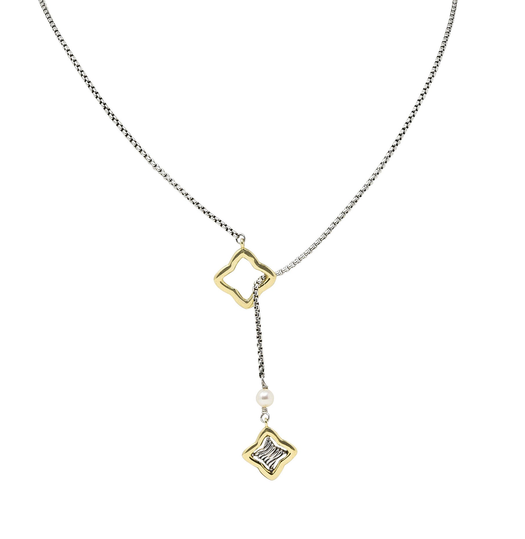 David Yurman Pearl 18 Karat Gold Sterling Silver Quatrefoil Lariat NecklaceNecklace - Wilson's Estate Jewelry