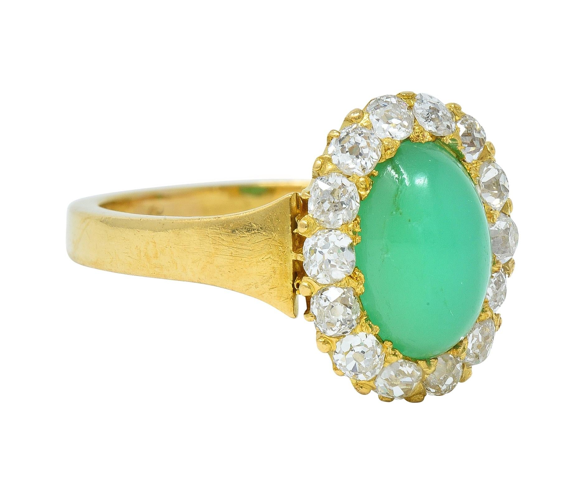 Modernist Chrysoprase Diamond 18 Karat Yellow Gold Vintage Halo Ring