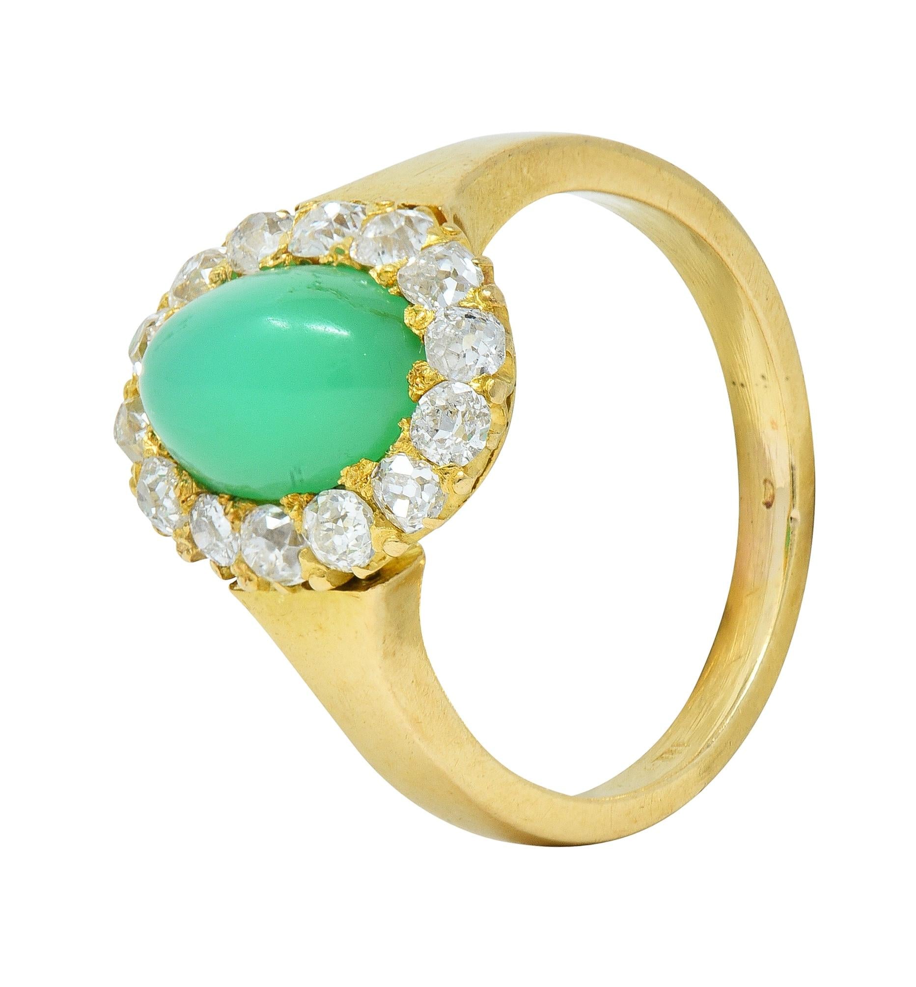 Modernist Chrysoprase Diamond 18 Karat Yellow Gold Vintage Halo Ring