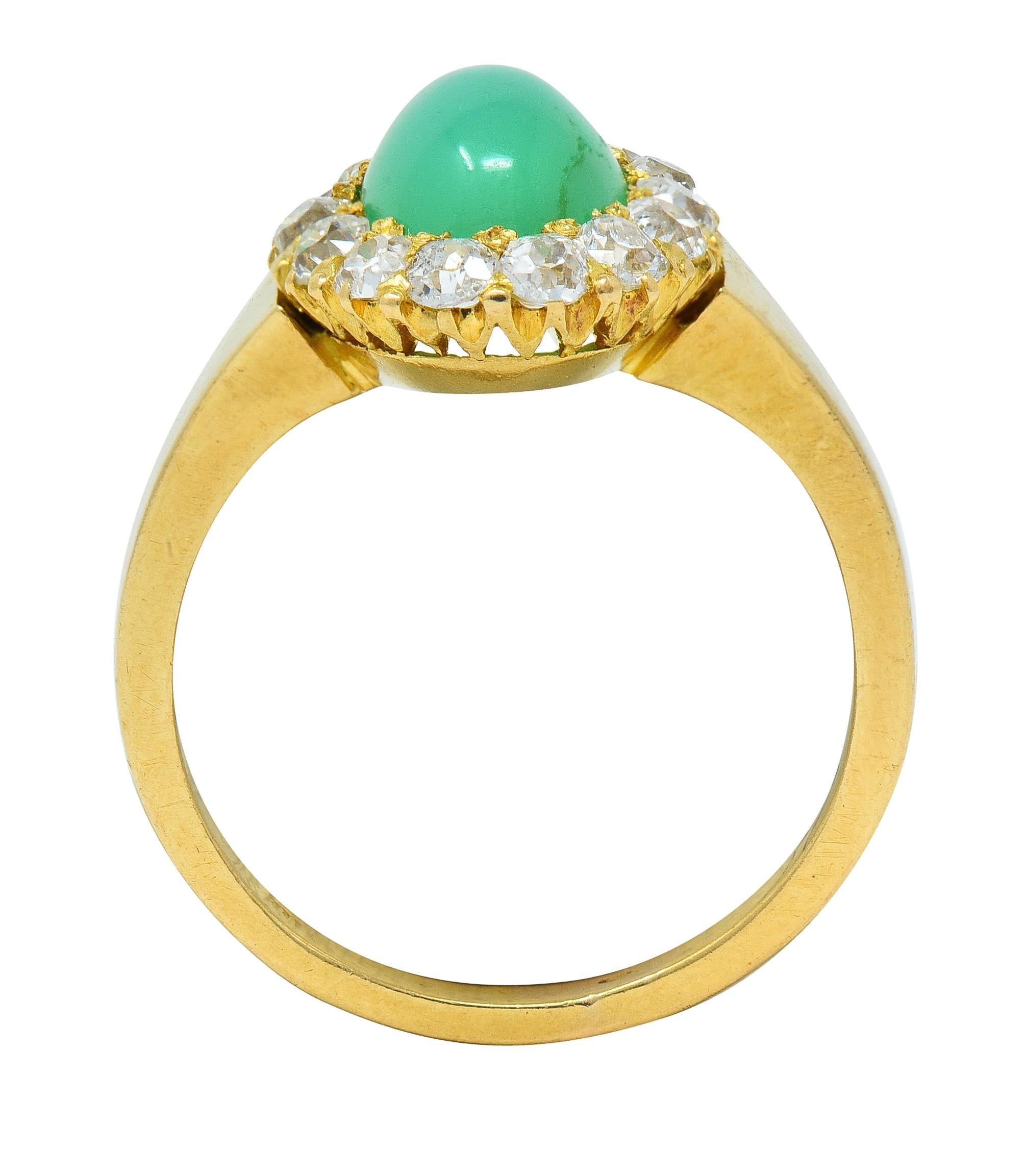 Modernist Chrysoprase Diamond 18 Karat Yellow Gold Vintage Halo Ring