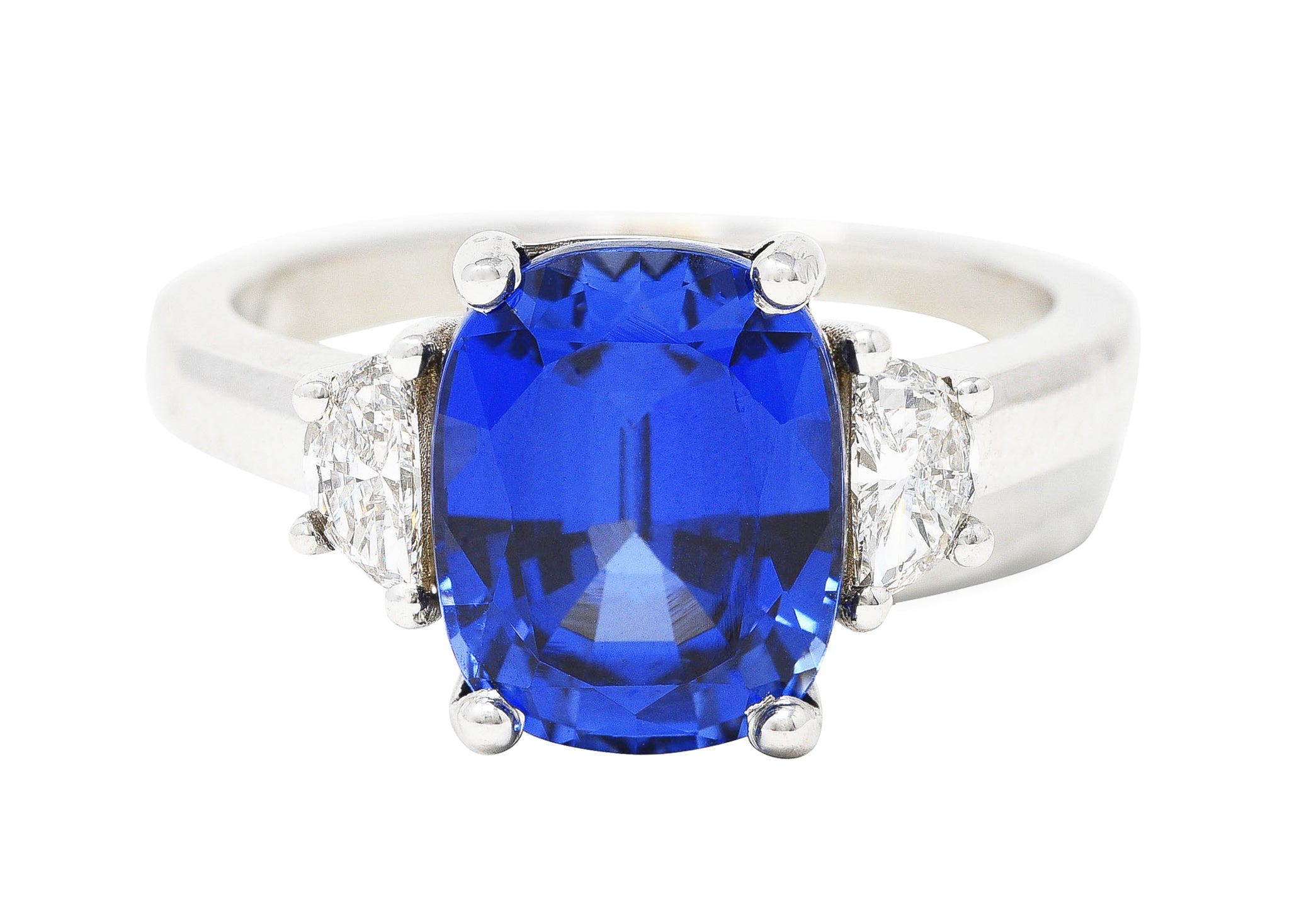 Blue Sapphire Half Moon Diamond 14 Karat White Gold Three-Stone Vintage Ring Wilson's Estate Jewelry