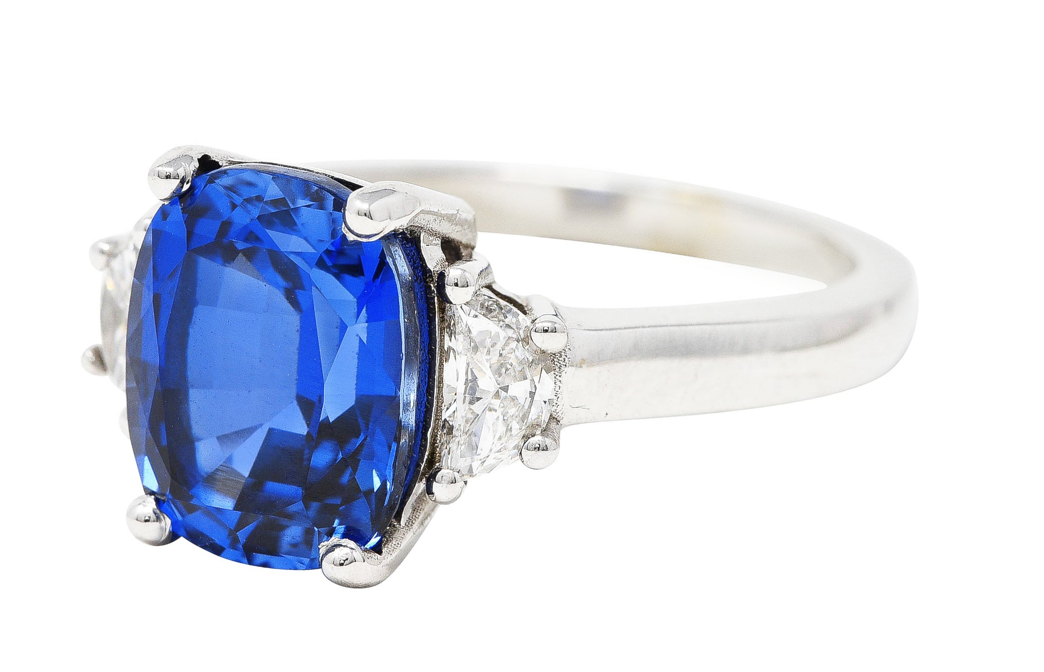 Blue Sapphire Half Moon Diamond 14 Karat White Gold Three-Stone Vintage Ring Wilson's Estate Jewelry