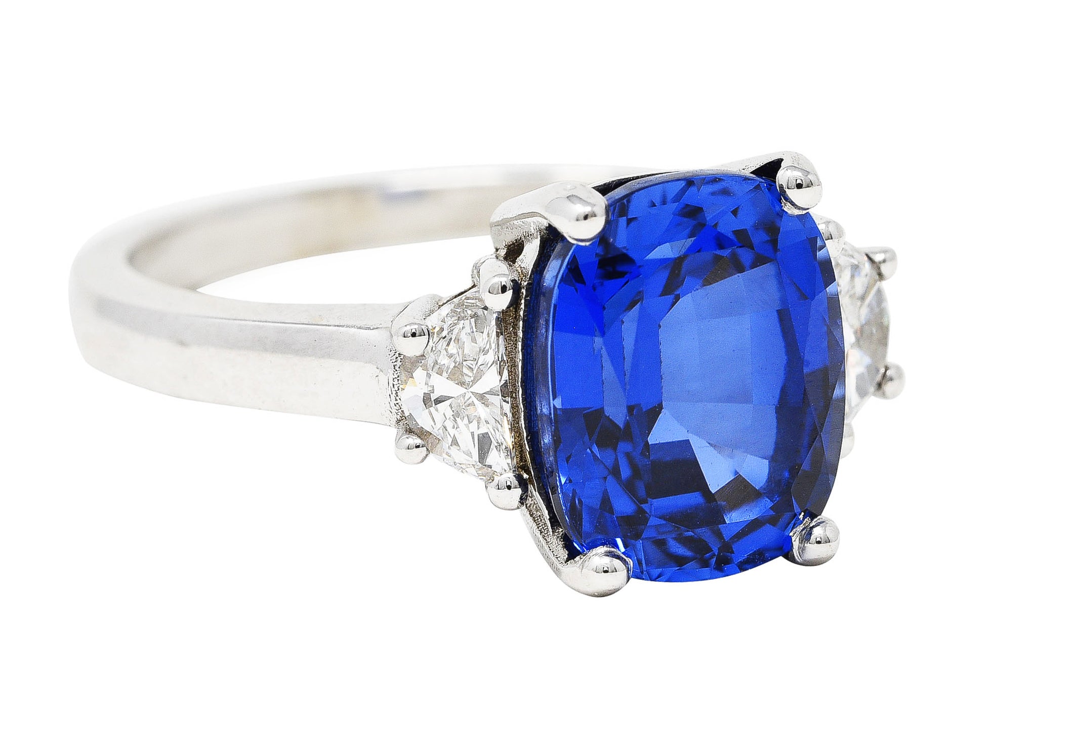 Blue Sapphire Half Moon Diamond 14 Karat White Gold Three-Stone Vintage Ring Wilson's Estate Jewelry