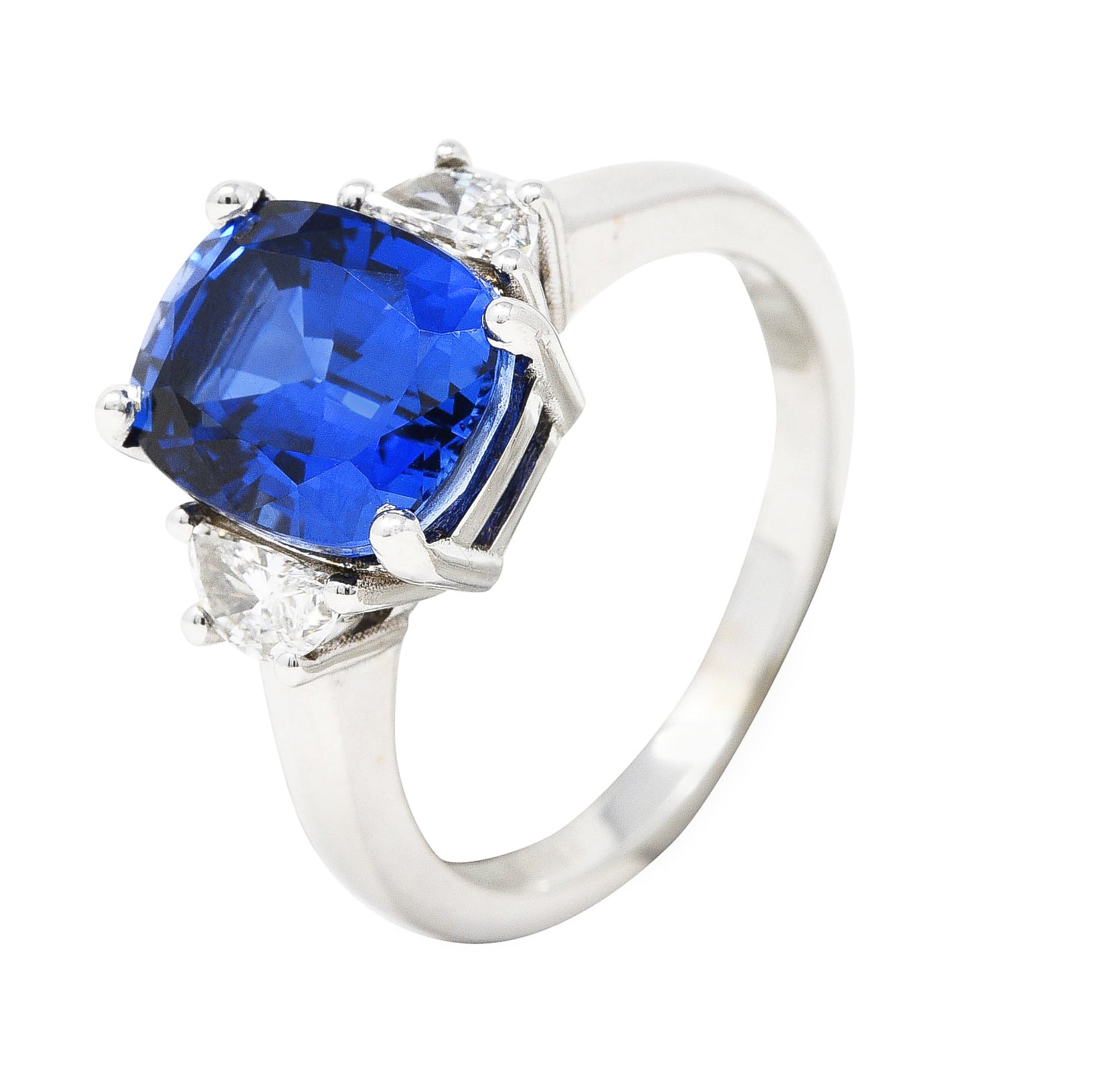 Blue Sapphire Half Moon Diamond 14 Karat White Gold Three-Stone Vintage Ring Wilson's Estate Jewelry