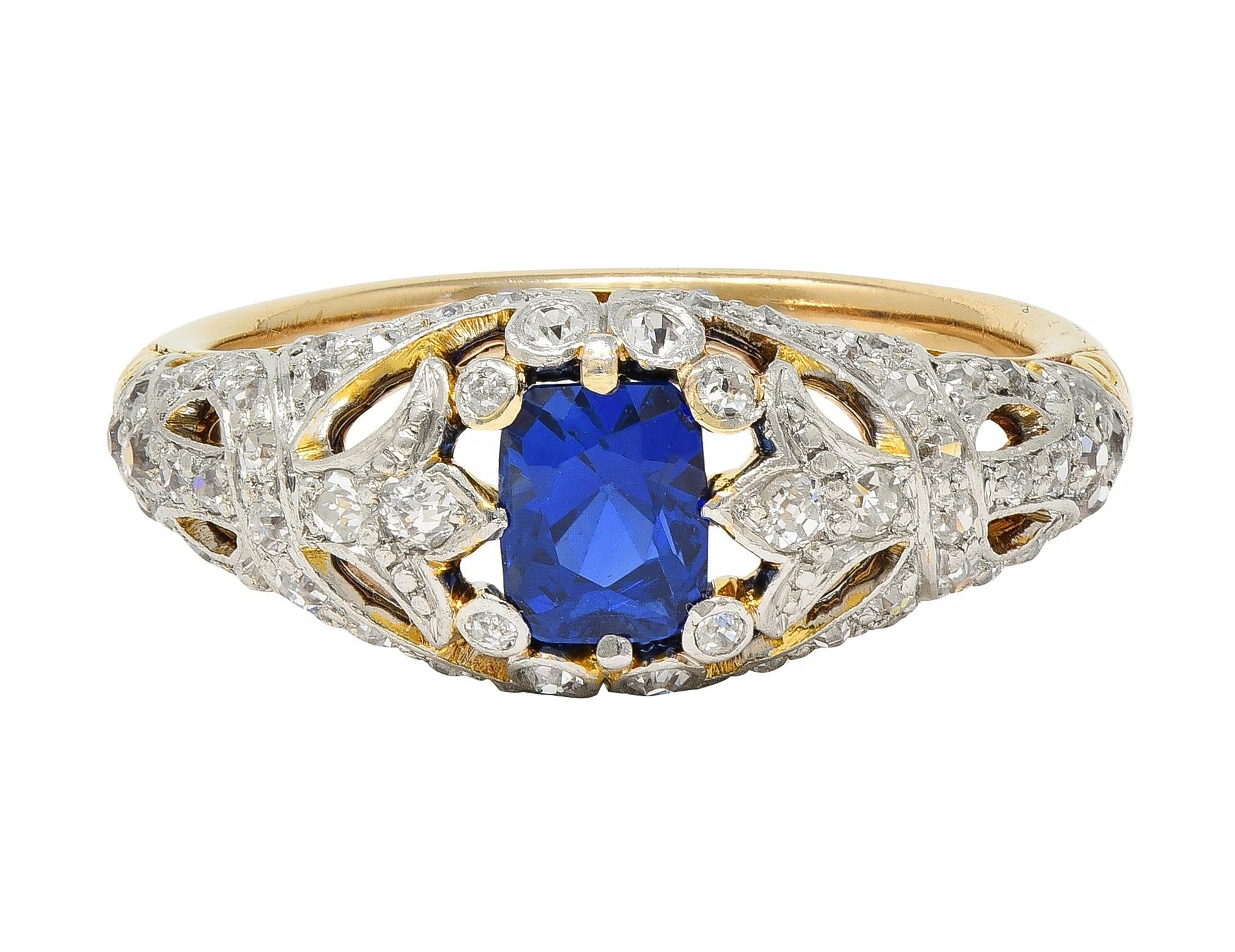 Edwardian 1.36 CTW No Heat Kashmir Sapphire Diamond Platinum 18 Karat Ring