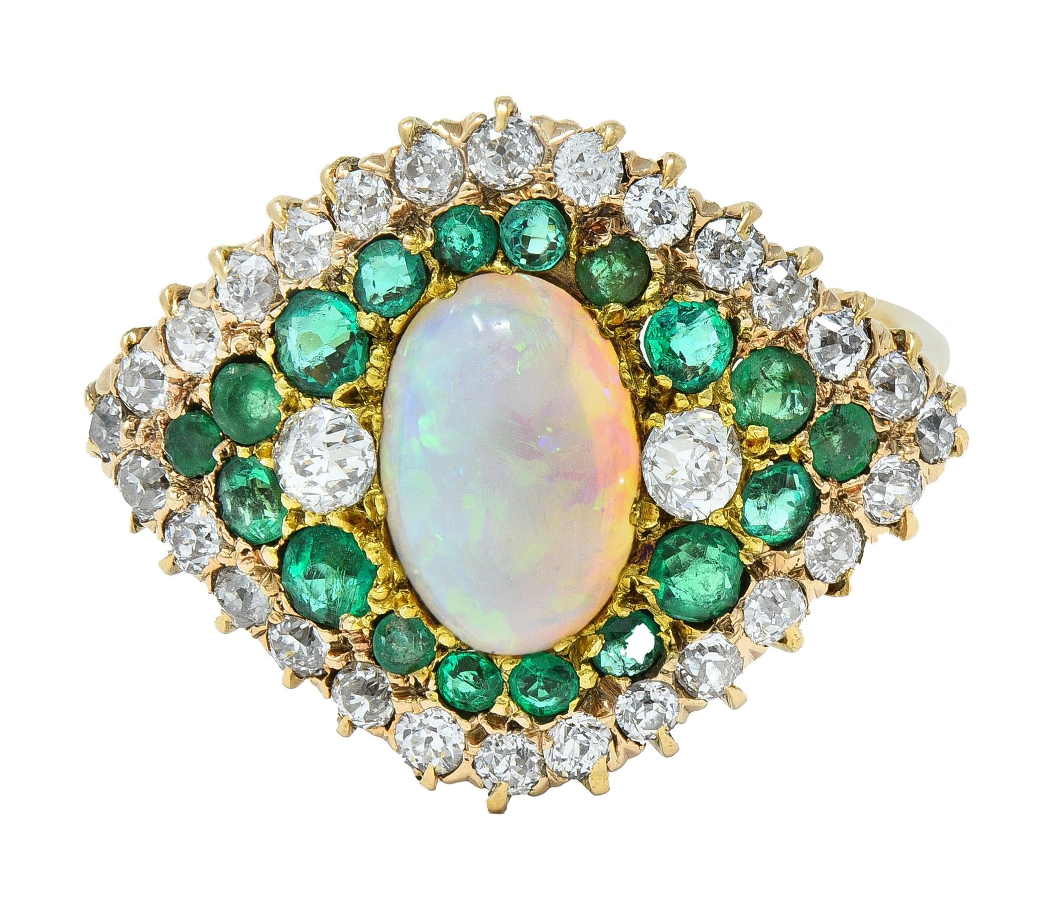 Late Victorian 1.16 CTW Opal Diamond Emerald 14 Karat Gold Vintage Dinner Ring