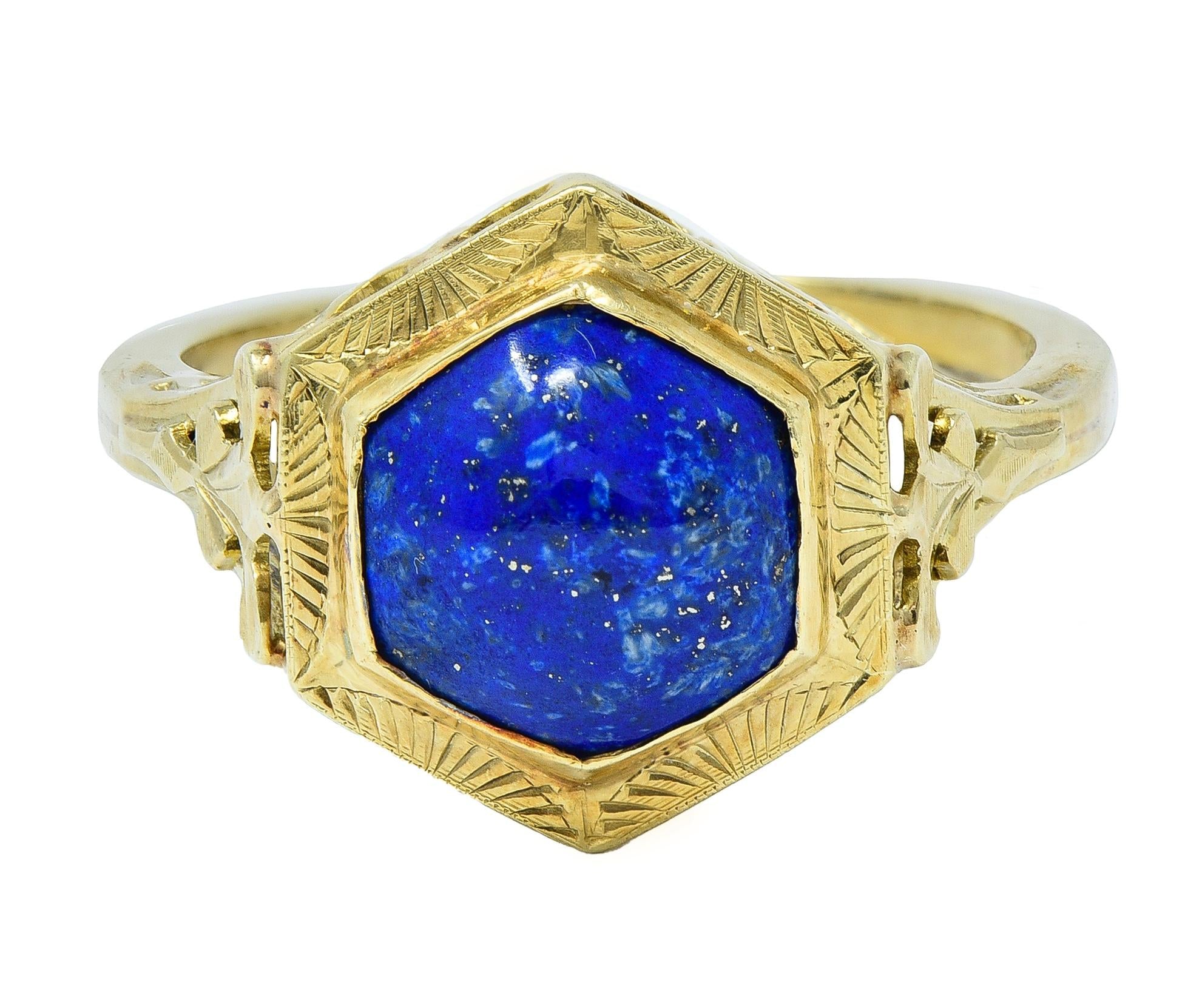 Art Deco Lapis Lazuli Cabochon 14 Karat Yellow Gold Fleur-De-Lis Hexagonal Ring