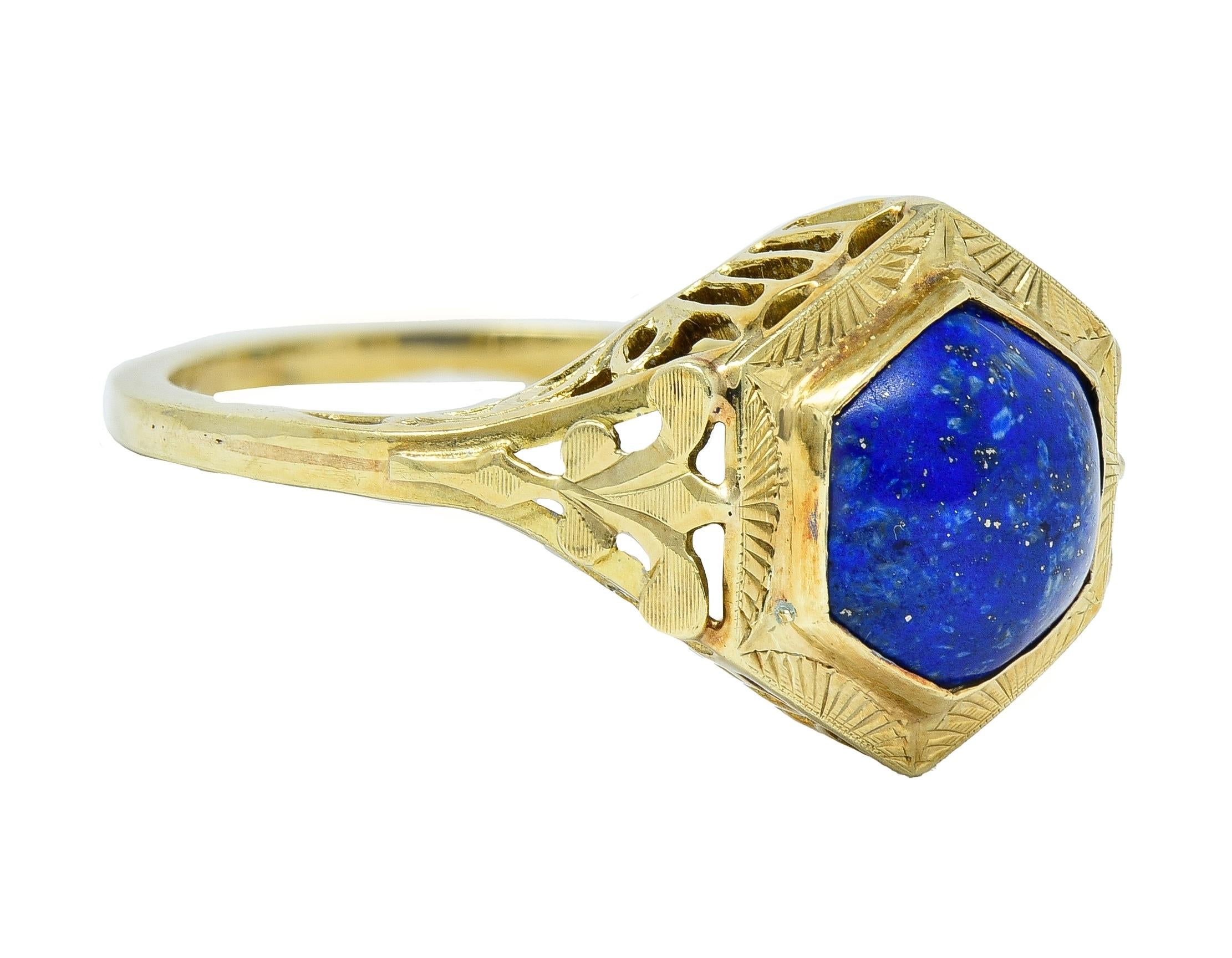 Art Deco Lapis Lazuli Cabochon 14 Karat Yellow Gold Fleur-De-Lis Hexagonal Ring