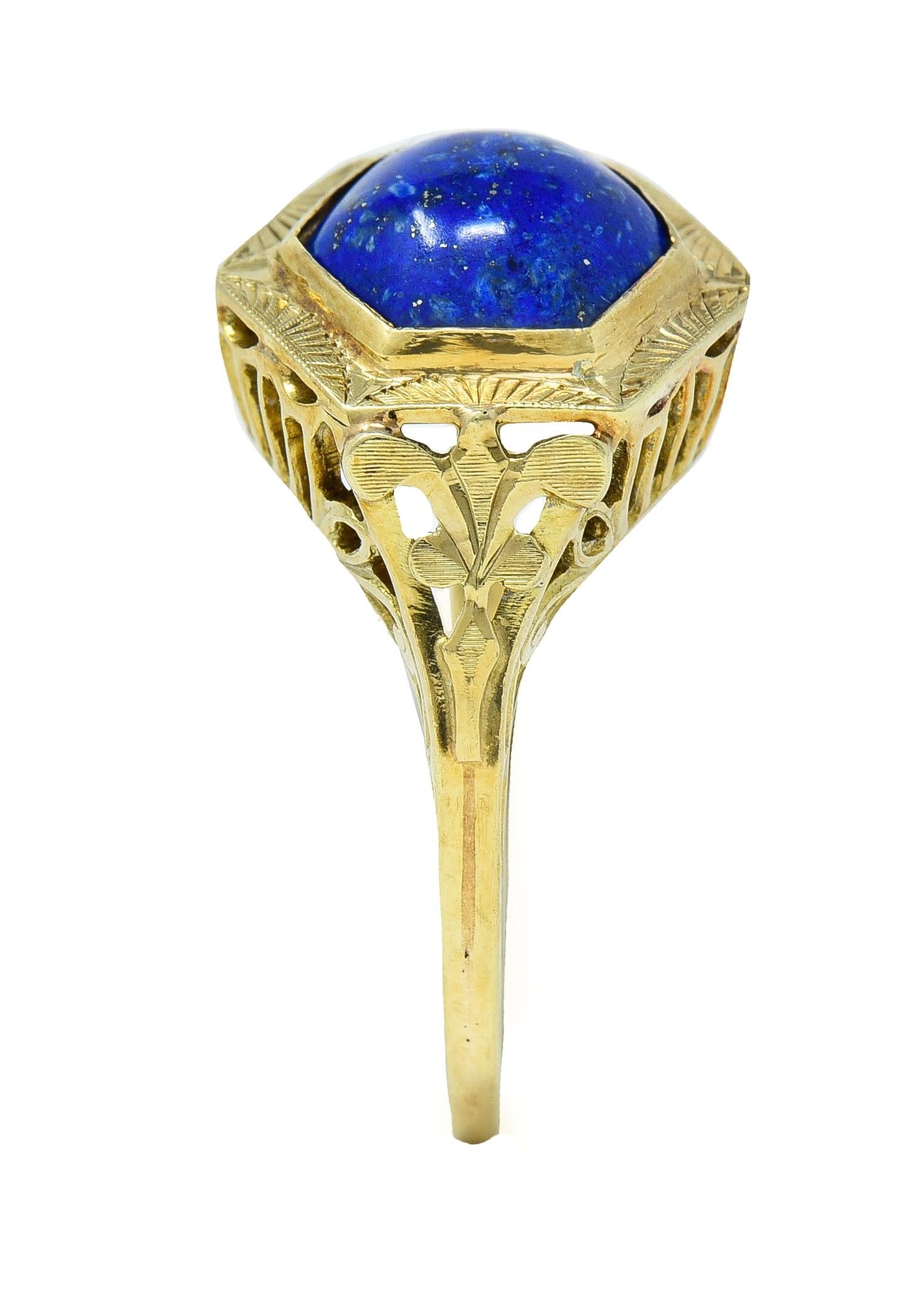 Art Deco Lapis Lazuli Cabochon 14 Karat Yellow Gold Fleur-De-Lis Hexagonal Ring