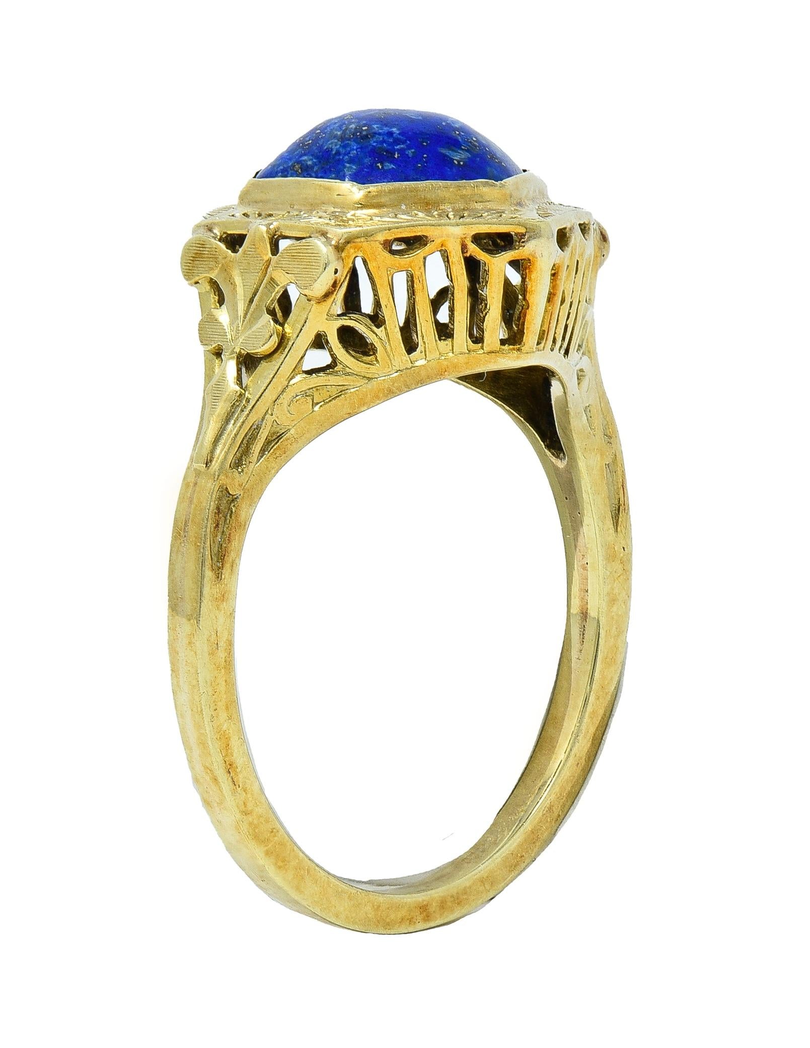 Art Deco Lapis Lazuli Cabochon 14 Karat Yellow Gold Fleur-De-Lis Hexagonal Ring