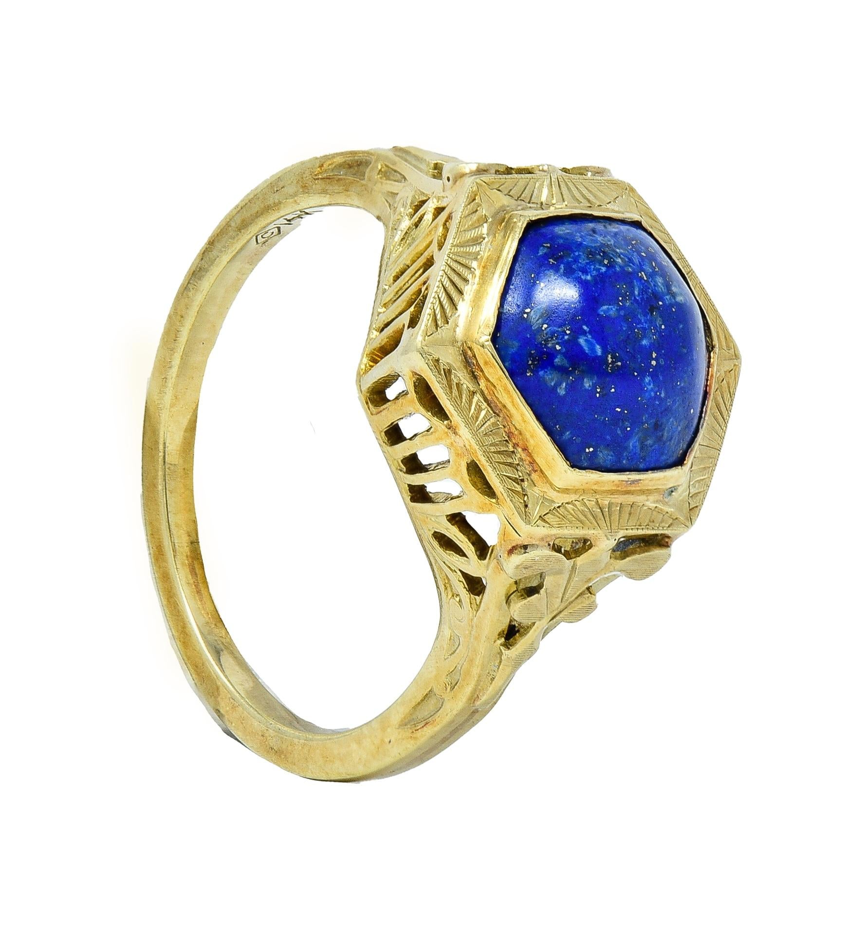 Art Deco Lapis Lazuli Cabochon 14 Karat Yellow Gold Fleur-De-Lis Hexagonal Ring