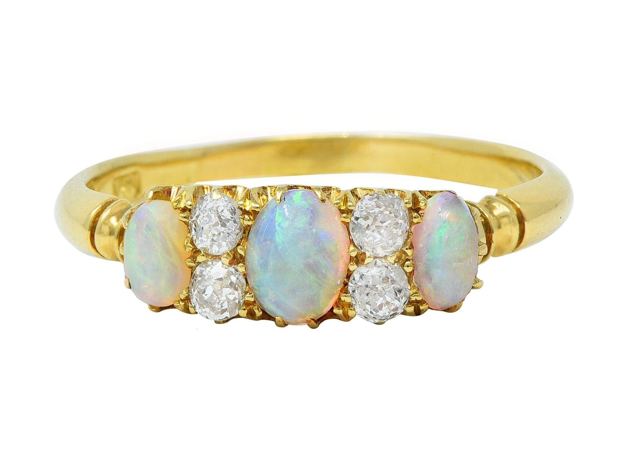 Victorian Opal Diamond 18 Karat Yellow Gold Antique Gemstone Band Ring