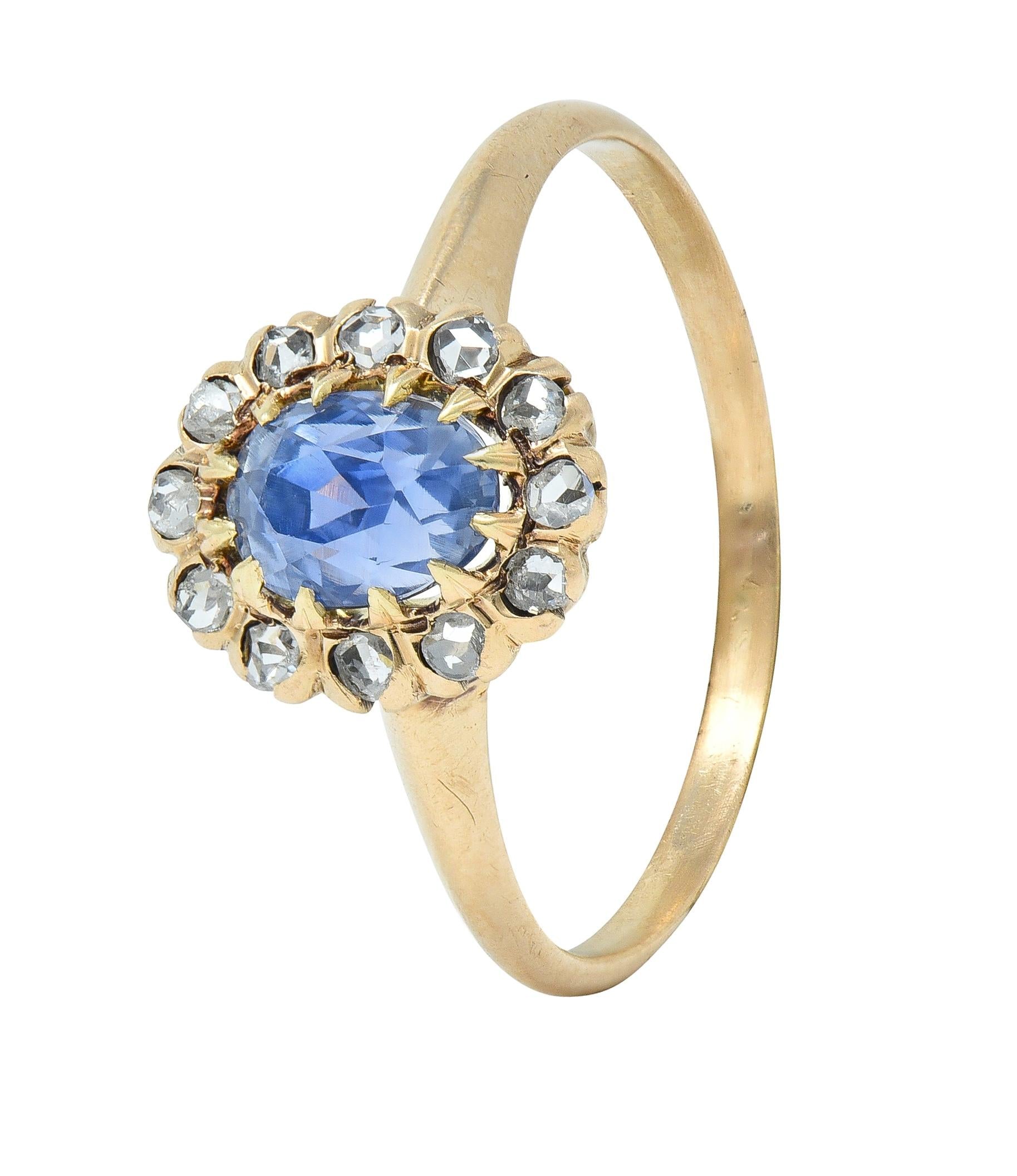 Victorian 1.37 CTW Sapphire Diamond 14 Karat Rose Gold Antique Halo Ring