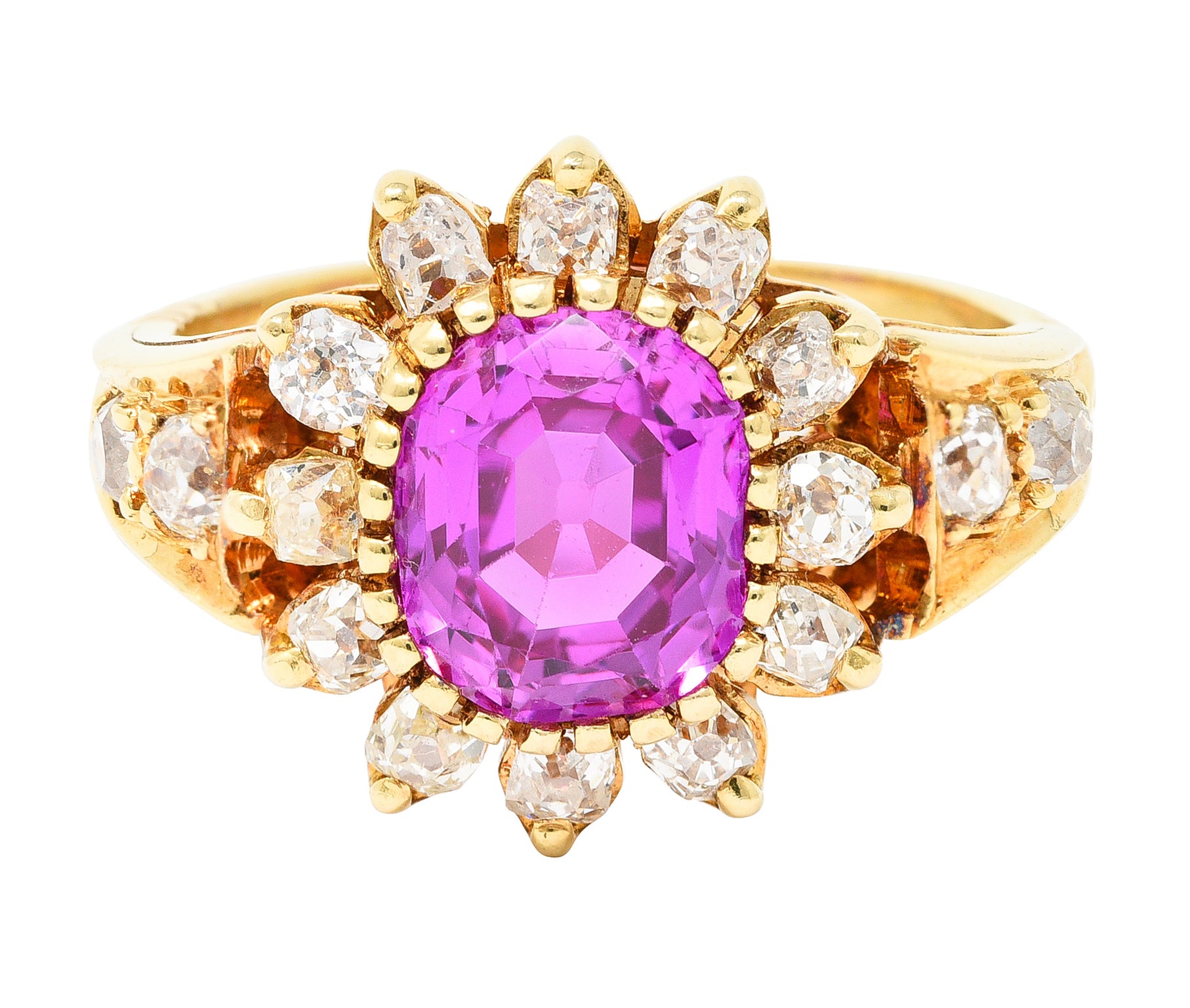 Victorian 2.94 CTW Cushion Cut No-Heat Pink Burma Sapphire Old Mine Cut Diamond 14 Karat Yellow Gold Burst Antique Cluster Ring GIA Wilson's Estate Jewelry