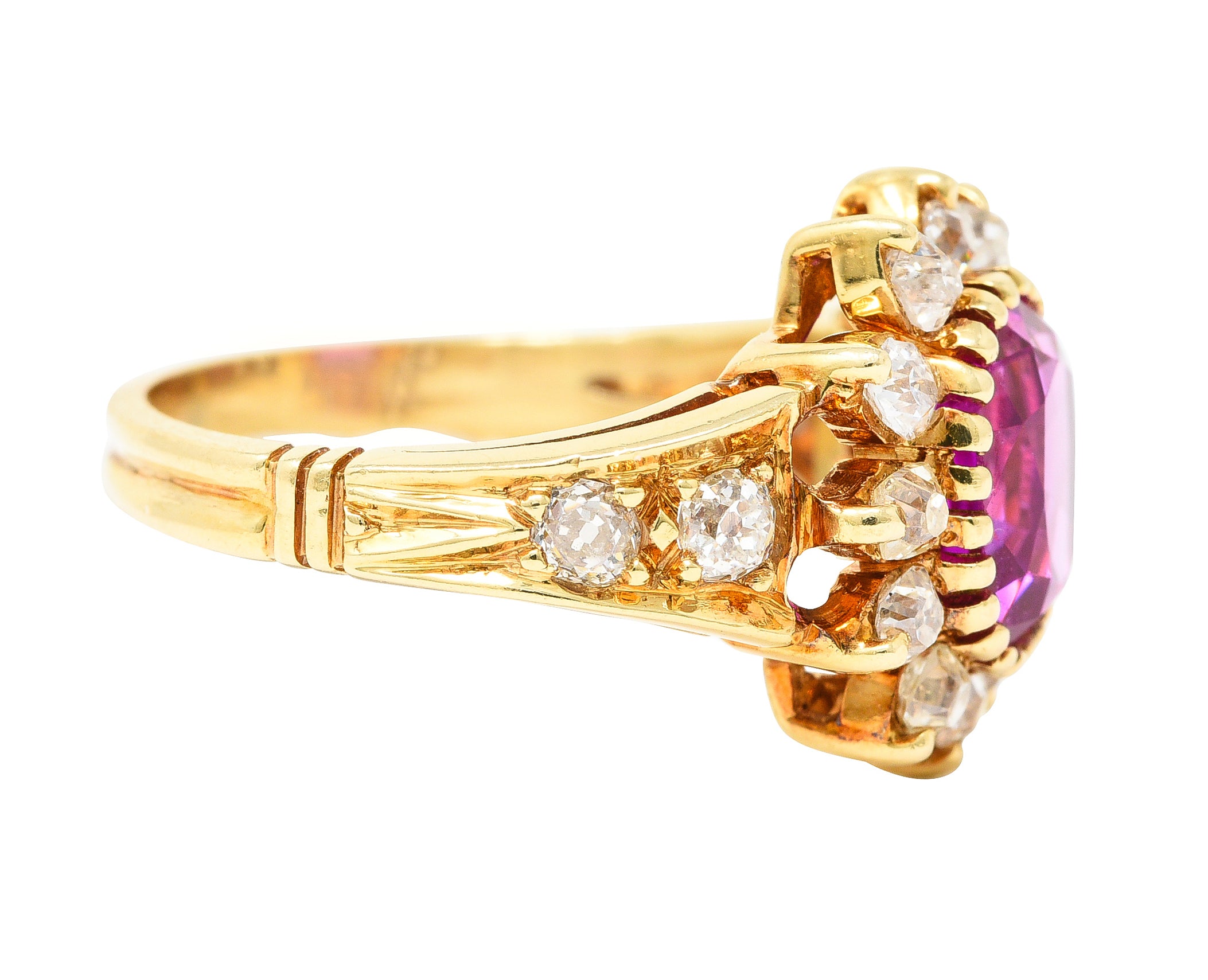 Victorian 2.94 CTW Cushion Cut No-Heat Pink Burma Sapphire Old Mine Cut Diamond 14 Karat Yellow Gold Burst Antique Cluster Ring GIA Wilson's Estate Jewelry