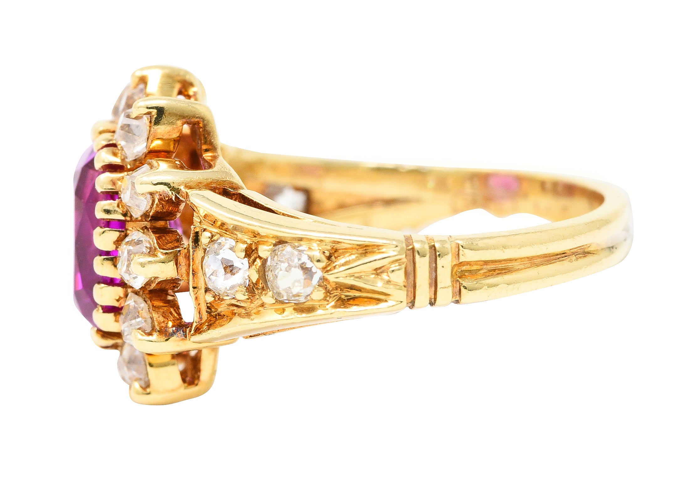 Victorian 2.94 CTW Cushion Cut No-Heat Pink Burma Sapphire Old Mine Cut Diamond 14 Karat Yellow Gold Burst Antique Cluster Ring GIA Wilson's Estate Jewelry