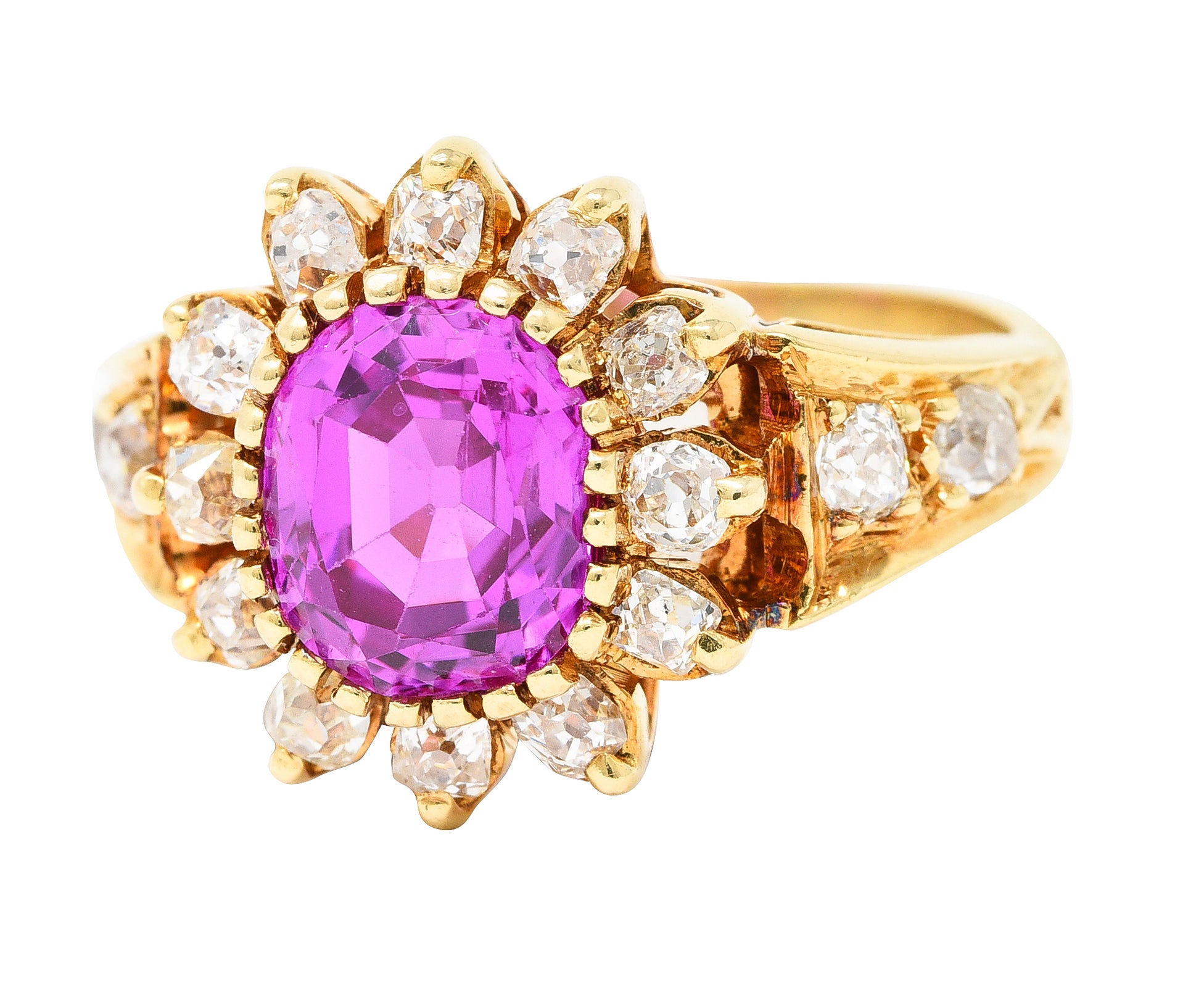 Victorian 2.94 CTW Cushion Cut No-Heat Pink Burma Sapphire Old Mine Cut Diamond 14 Karat Yellow Gold Burst Antique Cluster Ring GIA Wilson's Estate Jewelry