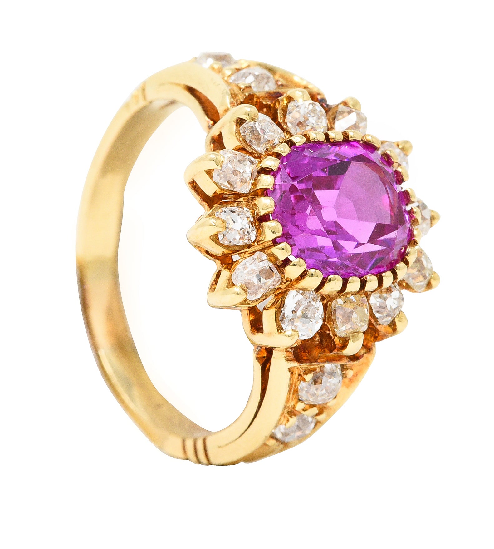 Victorian 2.94 CTW Cushion Cut No-Heat Pink Burma Sapphire Old Mine Cut Diamond 14 Karat Yellow Gold Burst Antique Cluster Ring GIA Wilson's Estate Jewelry