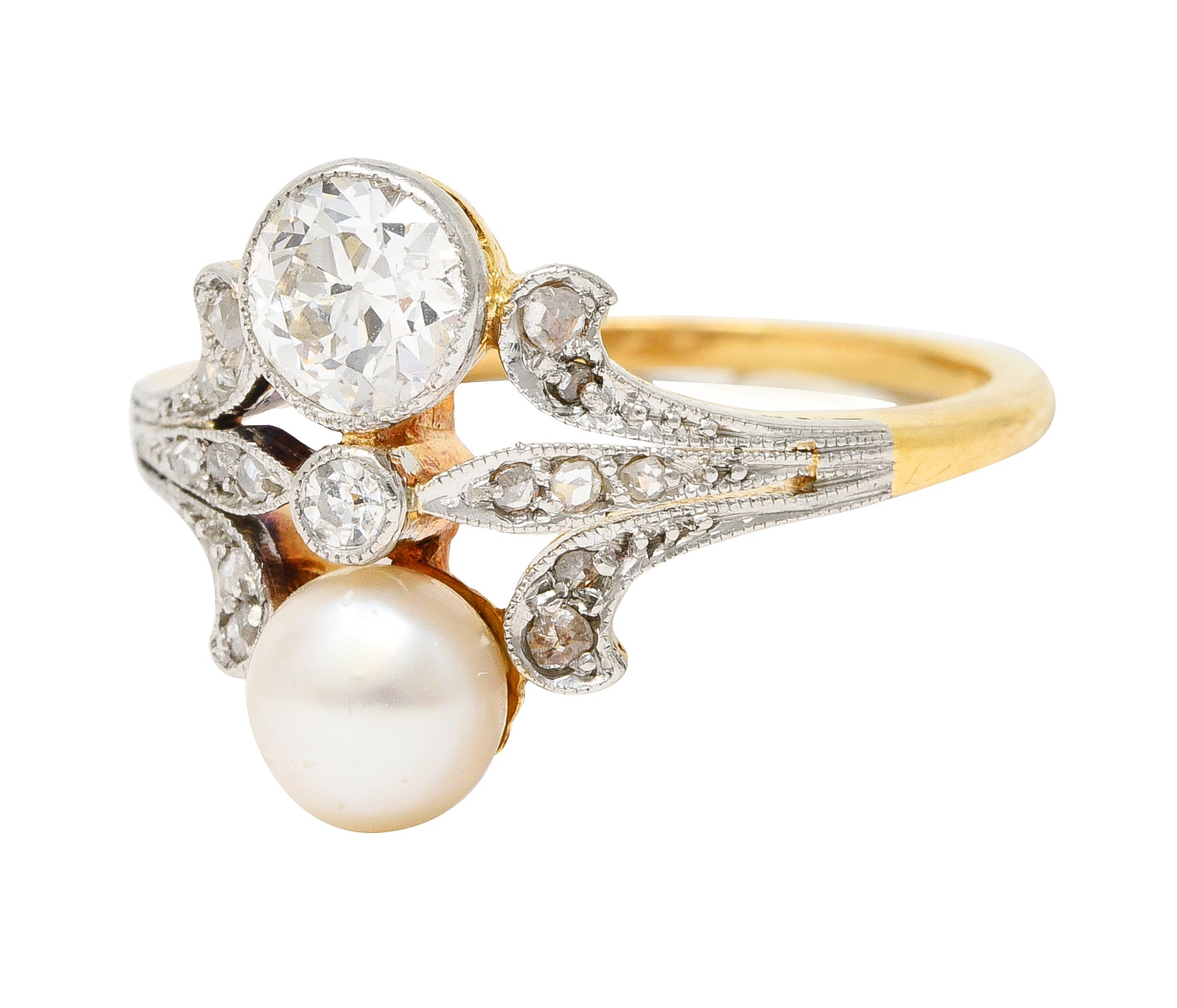 Edwardian Old European Cut Diamond Natural Pearl Platinum-Topped 18 Karat Yellow Gold Fleur-De-Lis Antique Ring Wilson's Estate Jewelry