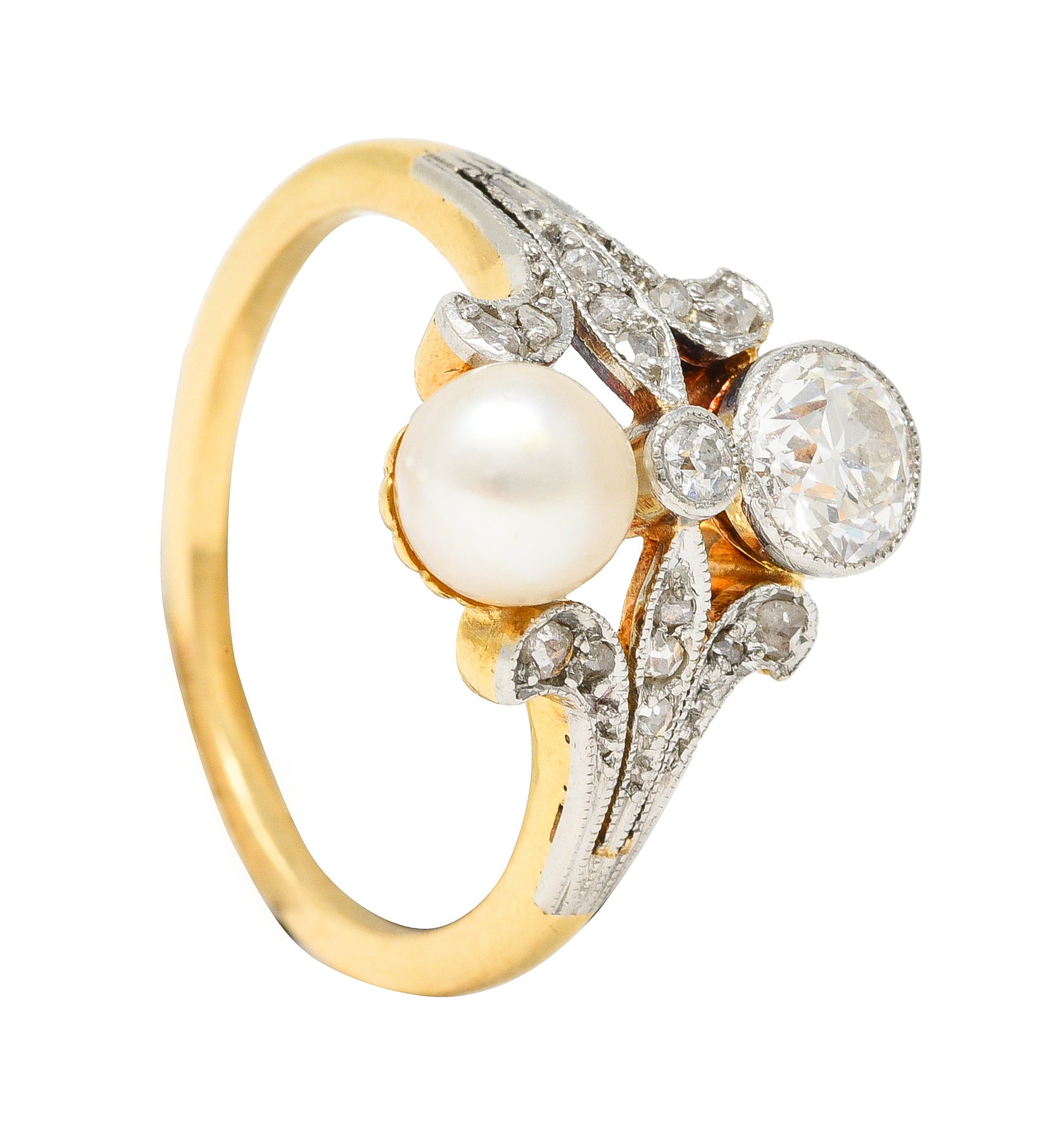 Edwardian Old European Cut Diamond Natural Pearl Platinum-Topped 18 Karat Yellow Gold Fleur-De-Lis Antique Ring Wilson's Estate Jewelry