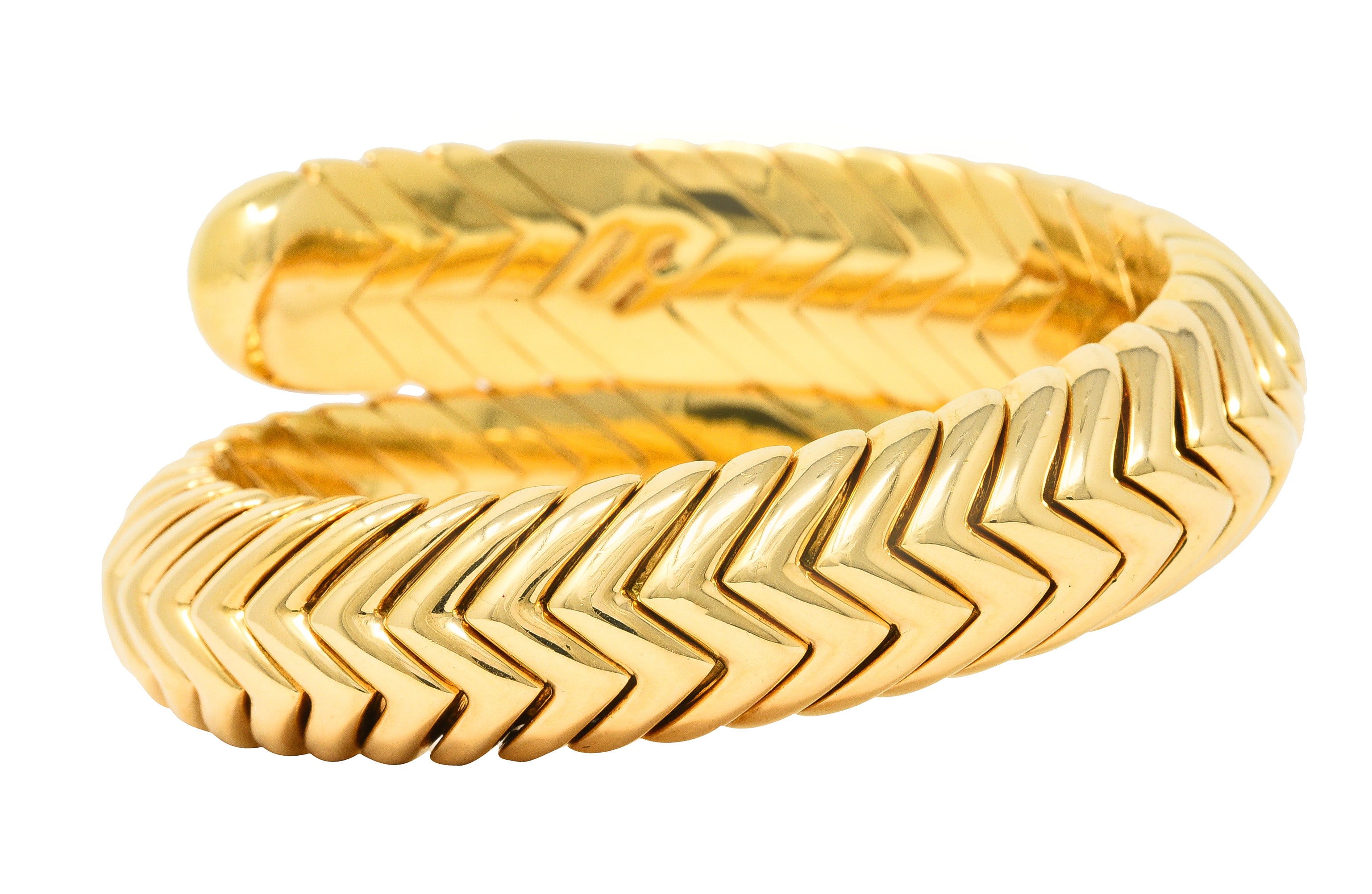 Bulgari 1990's 18 Karat Yellow Gold Chevron Spiga Wrap Vintage Bangle Bracelet Wilson's Estate Jewelry